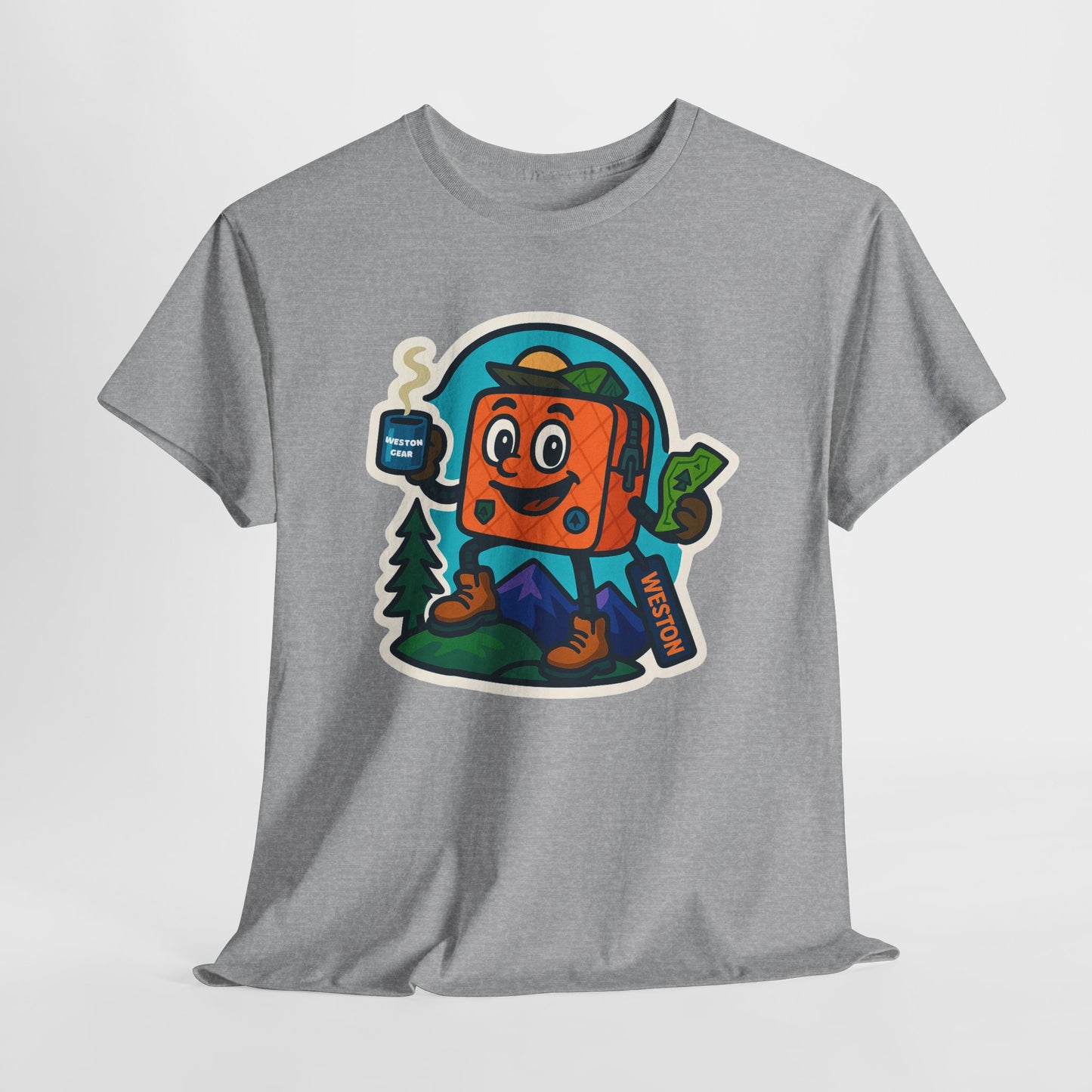 Weston Gear Tee Featuring Boxy and his Coffee, Outdoor Enthusiast Shirt, Hiking Apparel, Nature Lover Gift, Graphic Tee for Camping