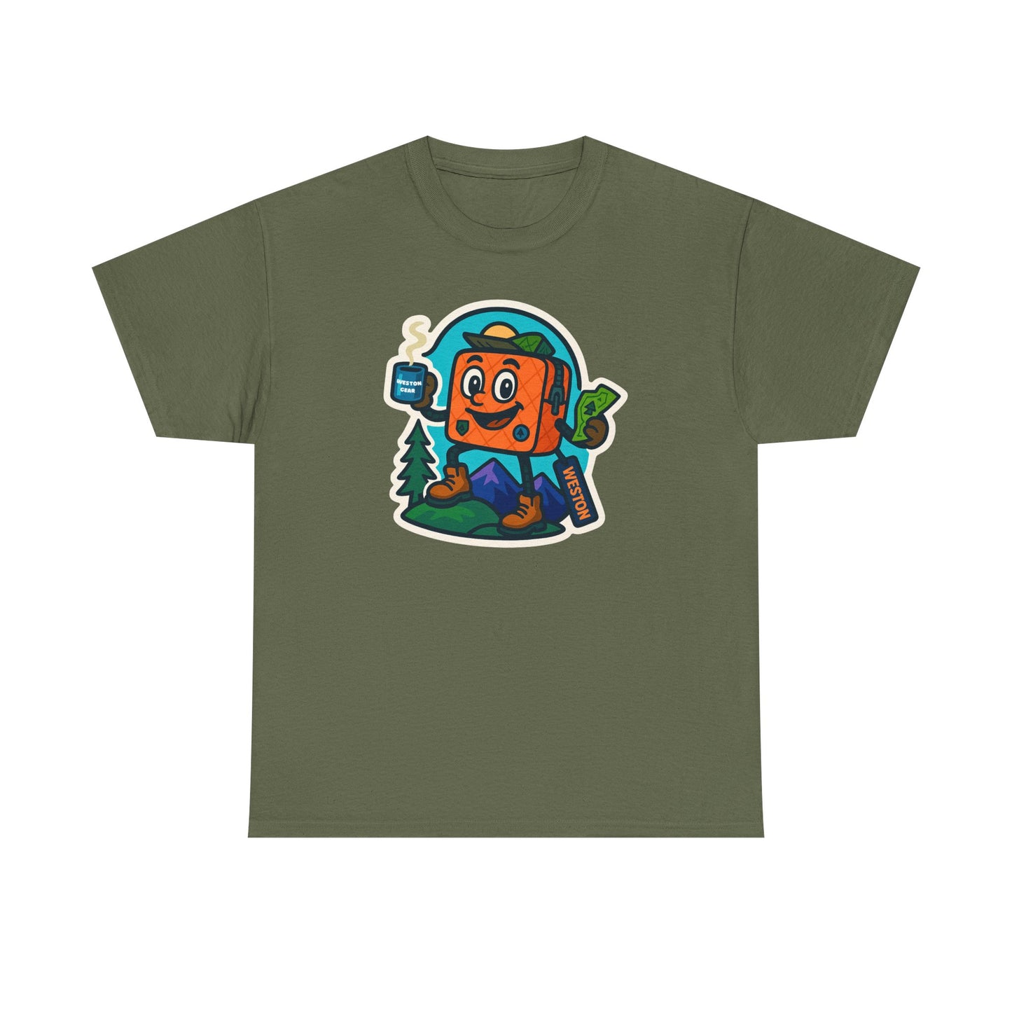 Weston Gear Tee Featuring Boxy and his Coffee, Outdoor Enthusiast Shirt, Hiking Apparel, Nature Lover Gift, Graphic Tee for Camping