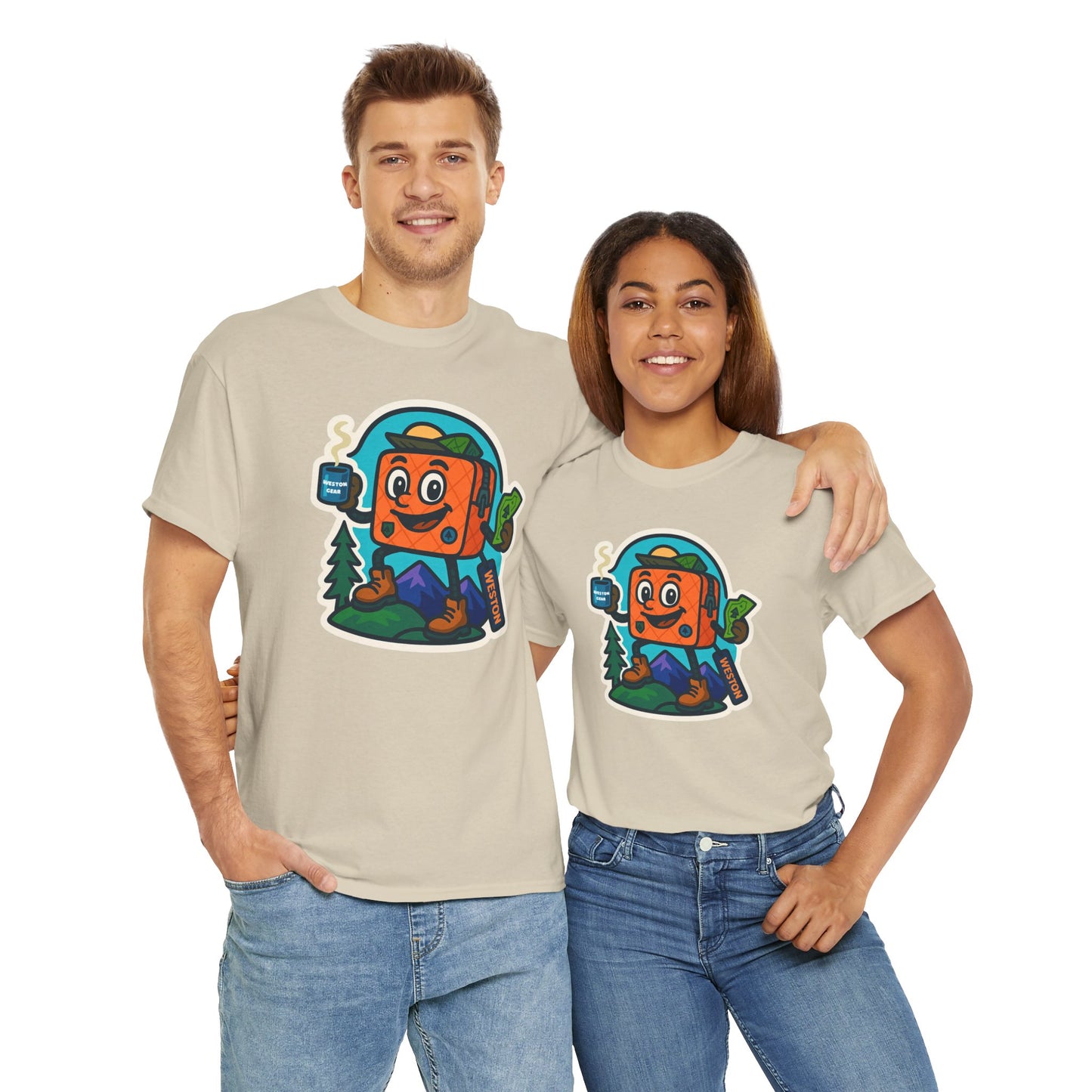Weston Gear Tee Featuring Boxy and his Coffee, Outdoor Enthusiast Shirt, Hiking Apparel, Nature Lover Gift, Graphic Tee for Camping