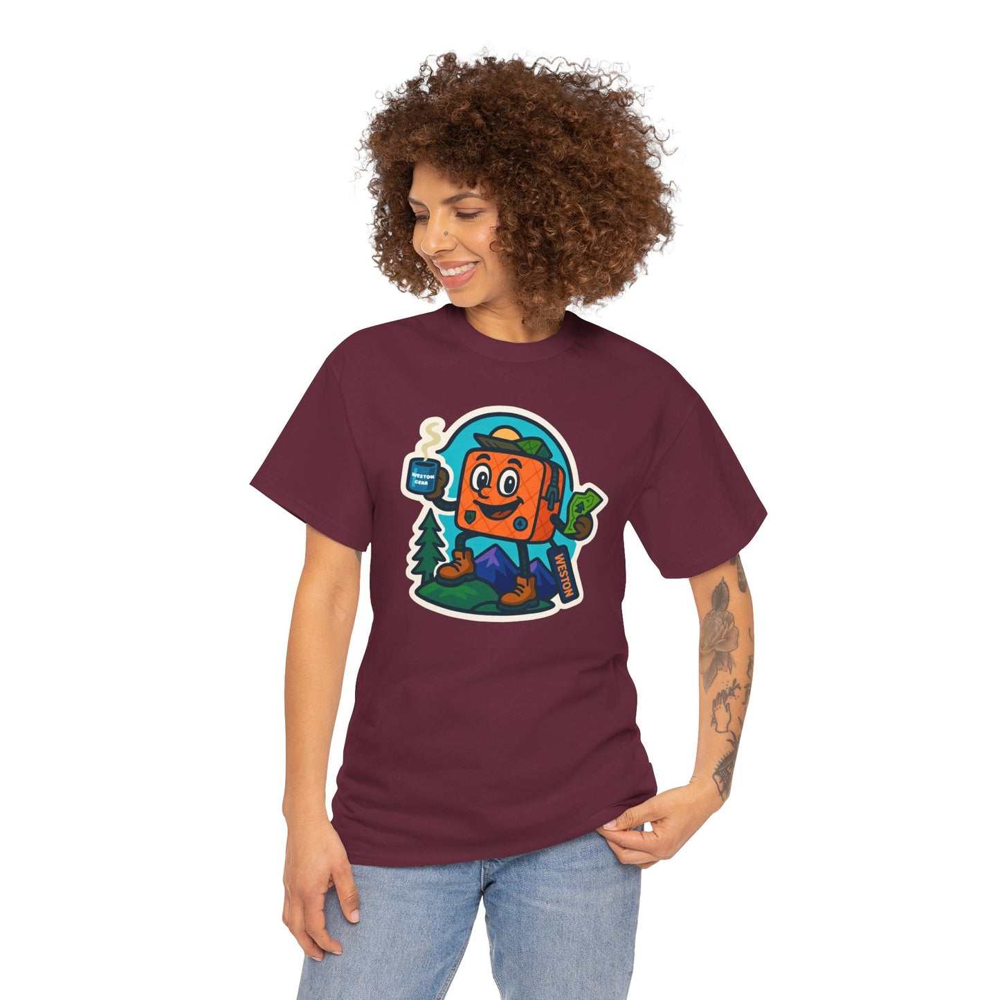 Weston Gear Tee Featuring Boxy and his Coffee, Outdoor Enthusiast Shirt, Hiking Apparel, Nature Lover Gift, Graphic Tee for Camping