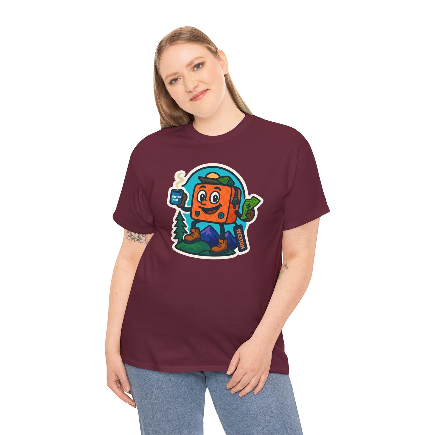 Weston Gear Tee Featuring Boxy and his Coffee, Outdoor Enthusiast Shirt, Hiking Apparel, Nature Lover Gift, Graphic Tee for Camping