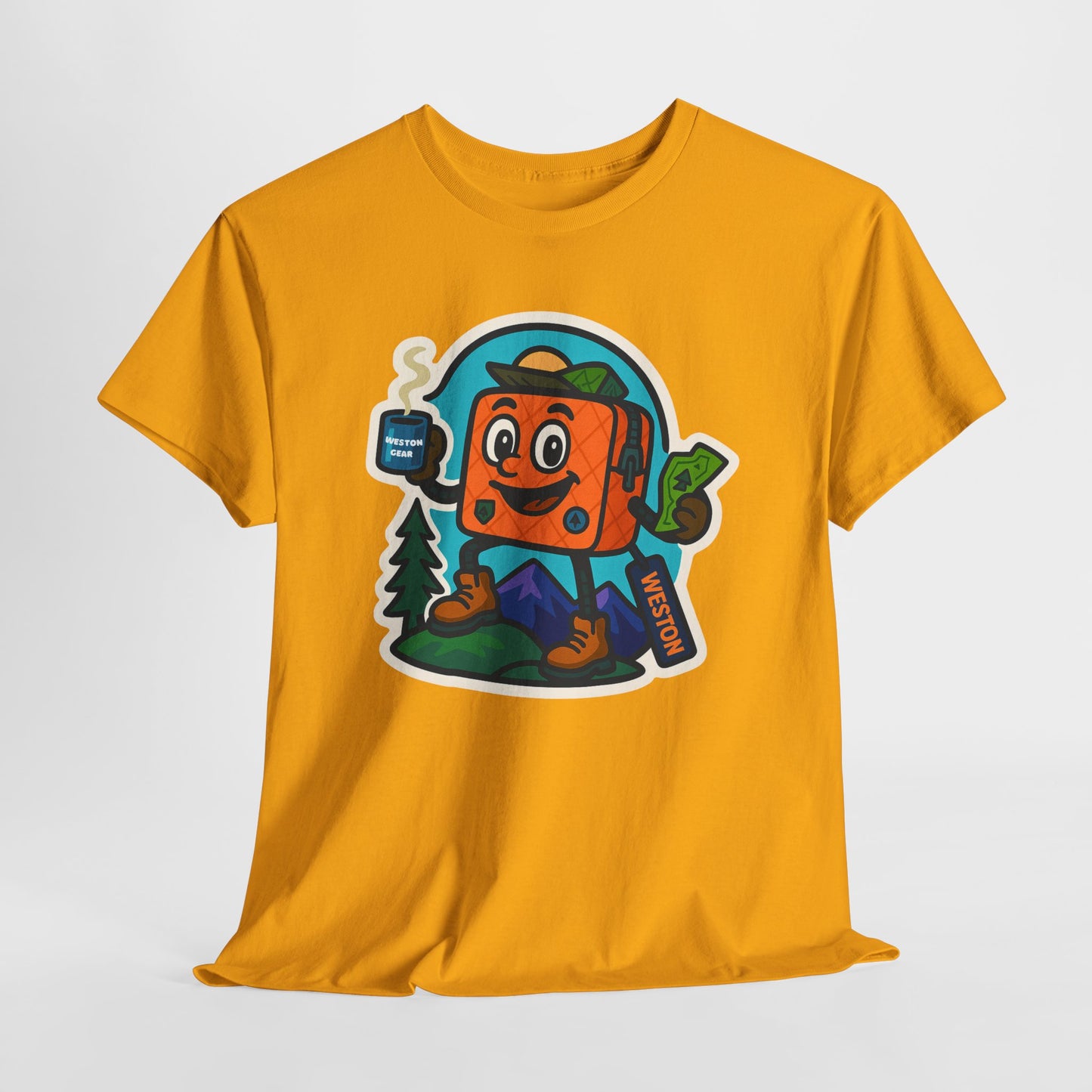 Weston Gear Tee Featuring Boxy and his Coffee, Outdoor Enthusiast Shirt, Hiking Apparel, Nature Lover Gift, Graphic Tee for Camping