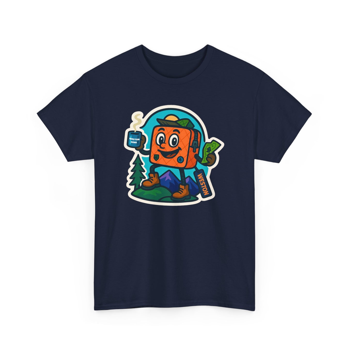 Weston Gear Tee Featuring Boxy and his Coffee, Outdoor Enthusiast Shirt, Hiking Apparel, Nature Lover Gift, Graphic Tee for Camping