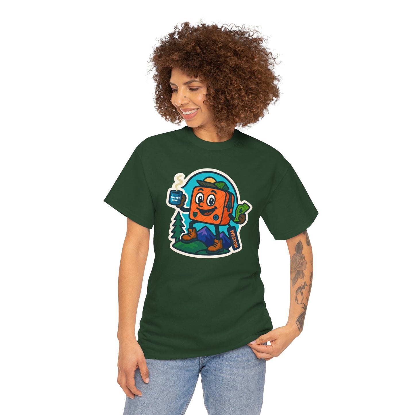 Weston Gear Tee Featuring Boxy and his Coffee, Outdoor Enthusiast Shirt, Hiking Apparel, Nature Lover Gift, Graphic Tee for Camping