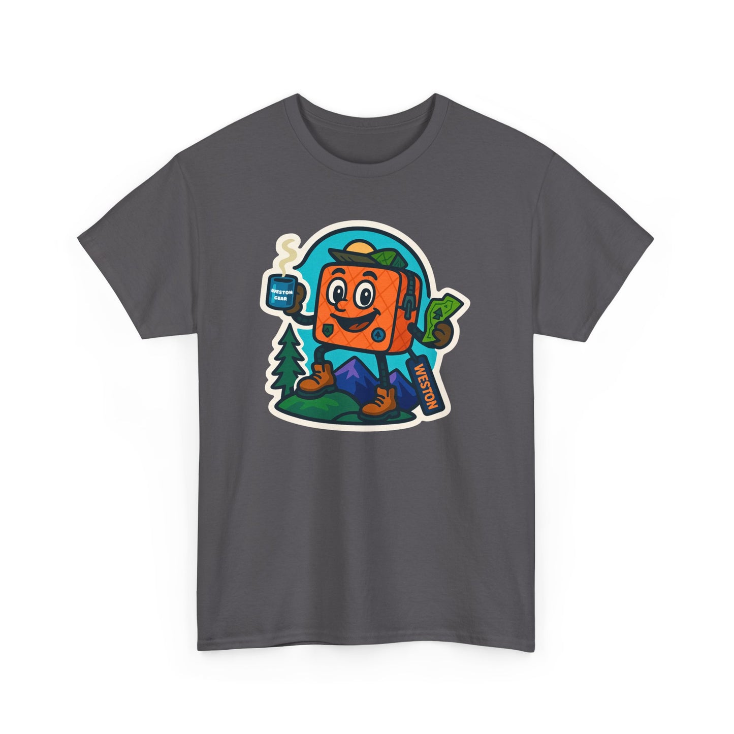 Weston Gear Tee Featuring Boxy and his Coffee, Outdoor Enthusiast Shirt, Hiking Apparel, Nature Lover Gift, Graphic Tee for Camping