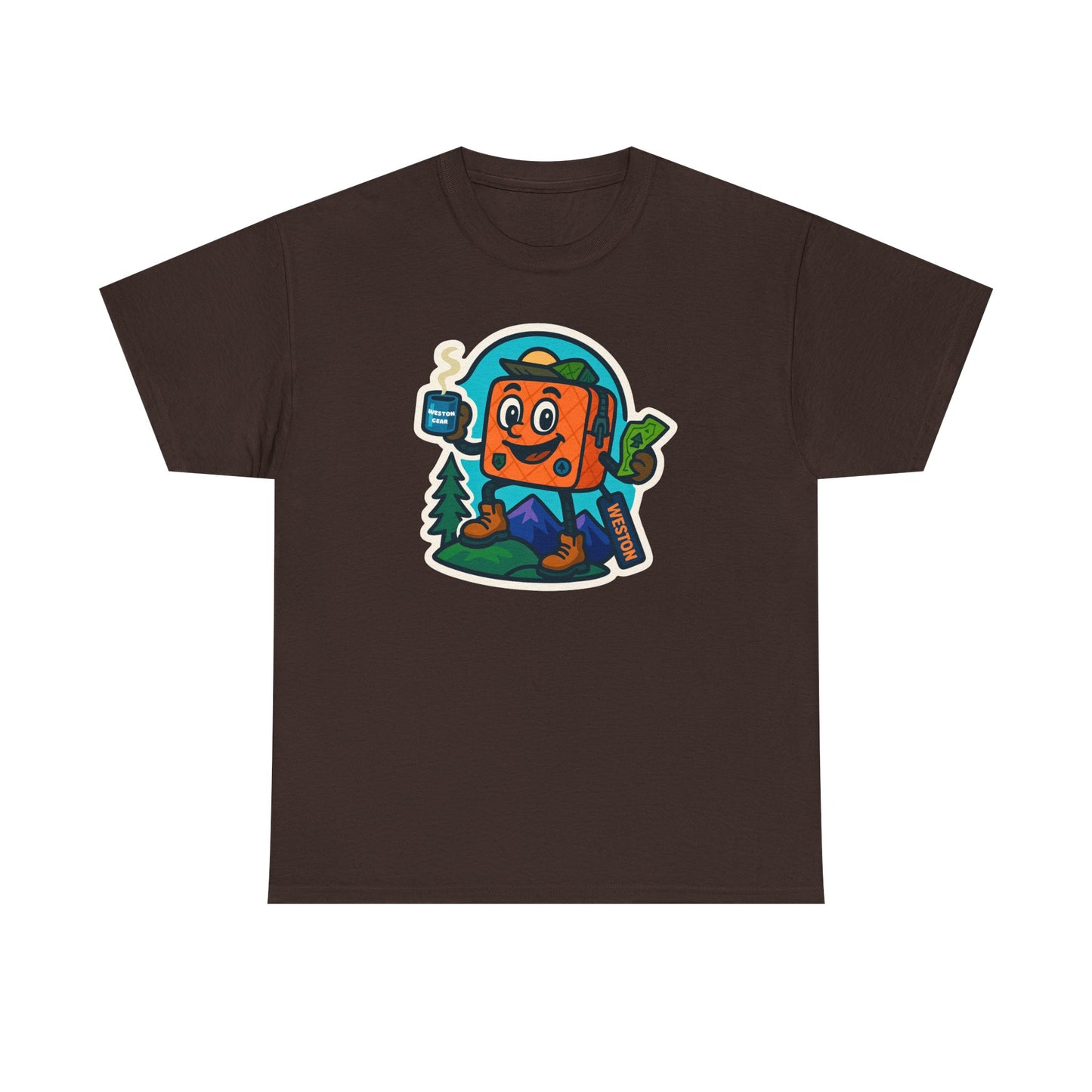 Weston Gear Tee Featuring Boxy and his Coffee, Outdoor Enthusiast Shirt, Hiking Apparel, Nature Lover Gift, Graphic Tee for Camping