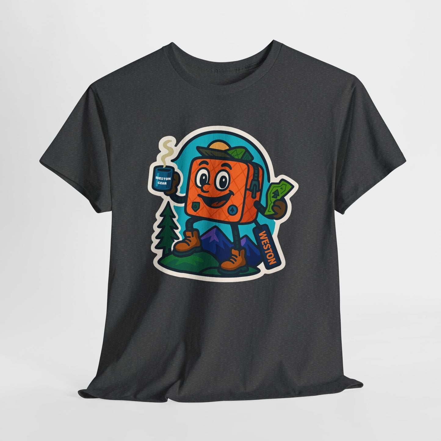 Weston Gear Tee Featuring Boxy and his Coffee, Outdoor Enthusiast Shirt, Hiking Apparel, Nature Lover Gift, Graphic Tee for Camping