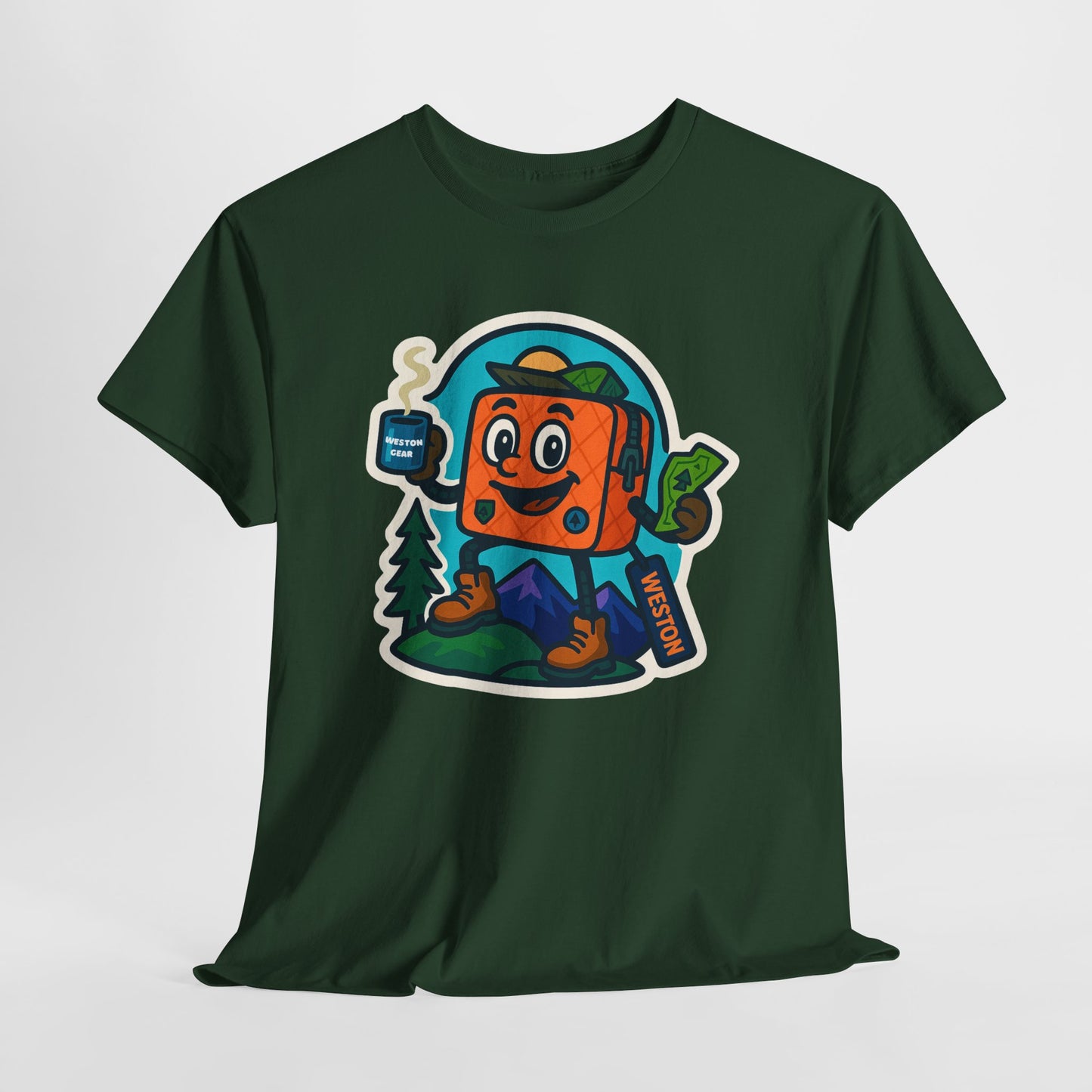 Weston Gear Tee Featuring Boxy and his Coffee, Outdoor Enthusiast Shirt, Hiking Apparel, Nature Lover Gift, Graphic Tee for Camping