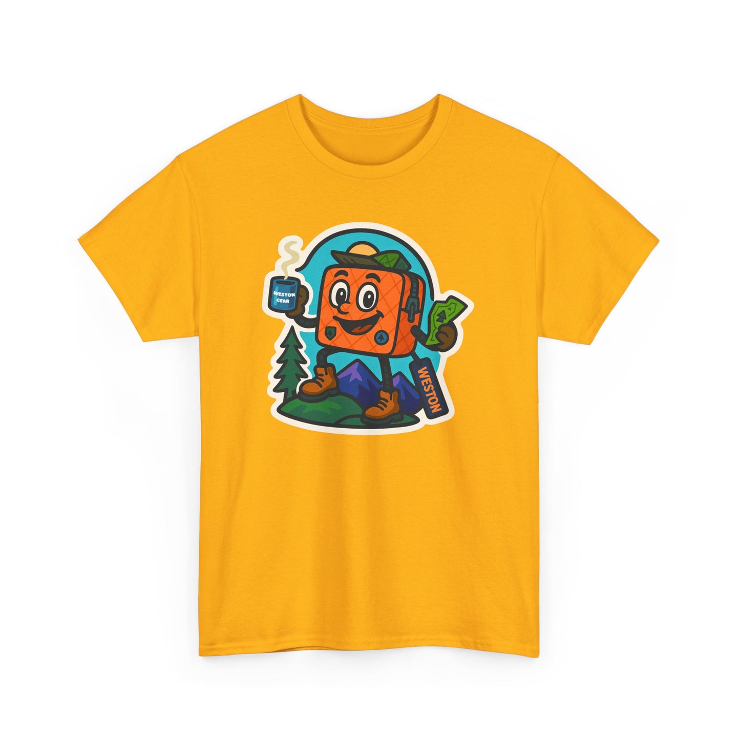 Weston Gear Tee Featuring Boxy and his Coffee, Outdoor Enthusiast Shirt, Hiking Apparel, Nature Lover Gift, Graphic Tee for Camping