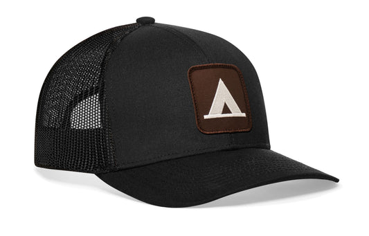 Tent Trucker Hat | Black Campground Trail Signs Snapback