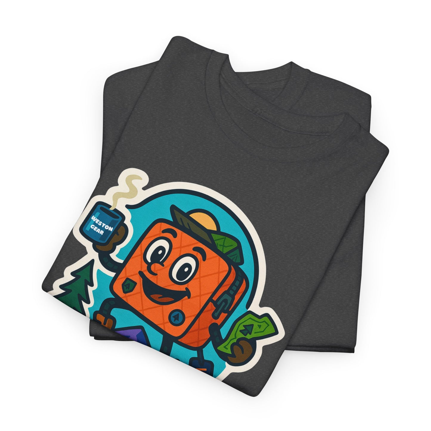 Weston Gear Tee Featuring Boxy and his Coffee, Outdoor Enthusiast Shirt, Hiking Apparel, Nature Lover Gift, Graphic Tee for Camping