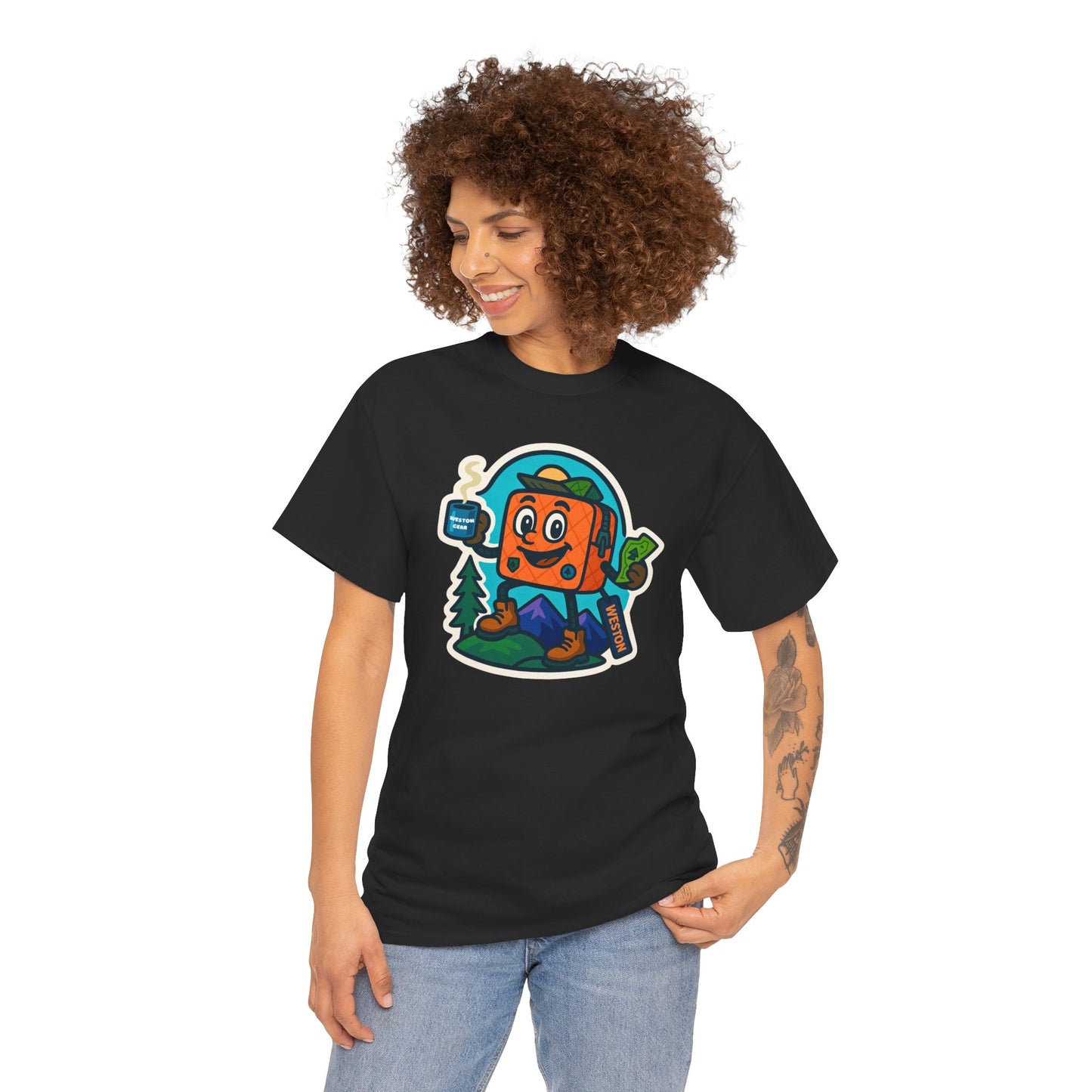 Weston Gear Tee Featuring Boxy and his Coffee, Outdoor Enthusiast Shirt, Hiking Apparel, Nature Lover Gift, Graphic Tee for Camping