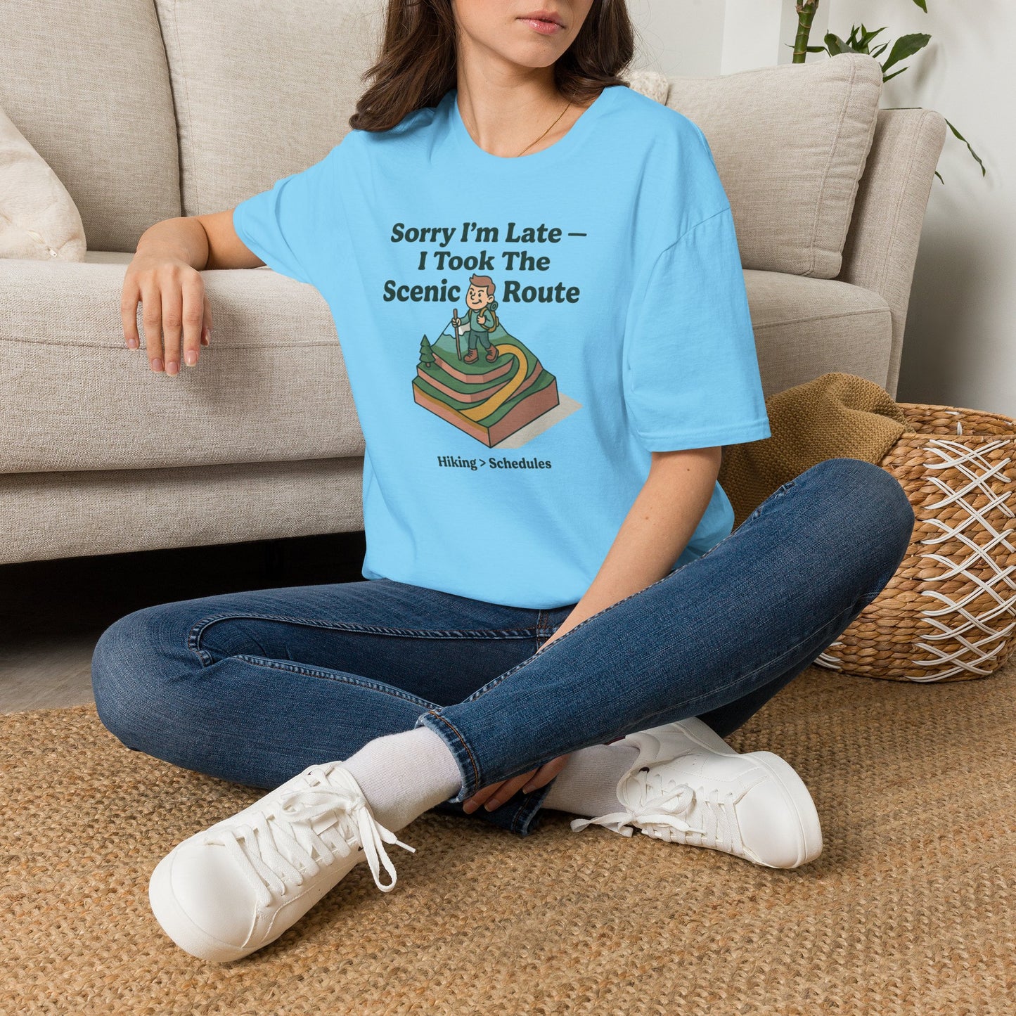 Scenic Route Hiking T-Shirt — "Sorry I'm Late — I Took The Scenic Route"