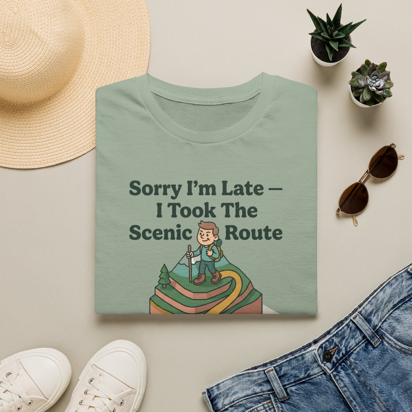 Scenic Route Hiking T-Shirt — "Sorry I'm Late — I Took The Scenic Route"