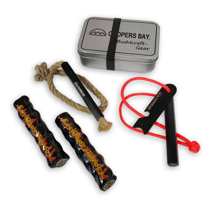 Ferro Fire Starting Package - Kamper Kit - with Hex Ferro, Tinder and Storage Tin