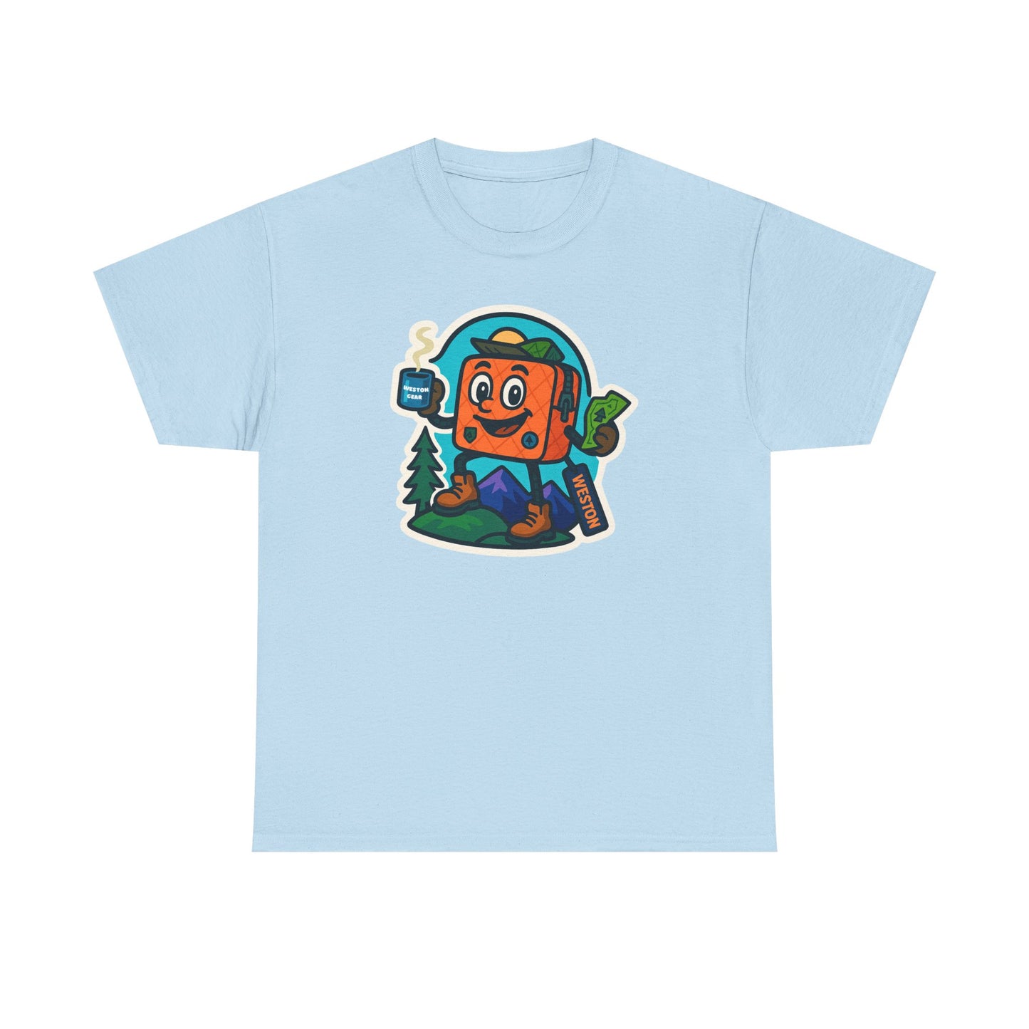 Weston Gear Tee Featuring Boxy and his Coffee, Outdoor Enthusiast Shirt, Hiking Apparel, Nature Lover Gift, Graphic Tee for Camping