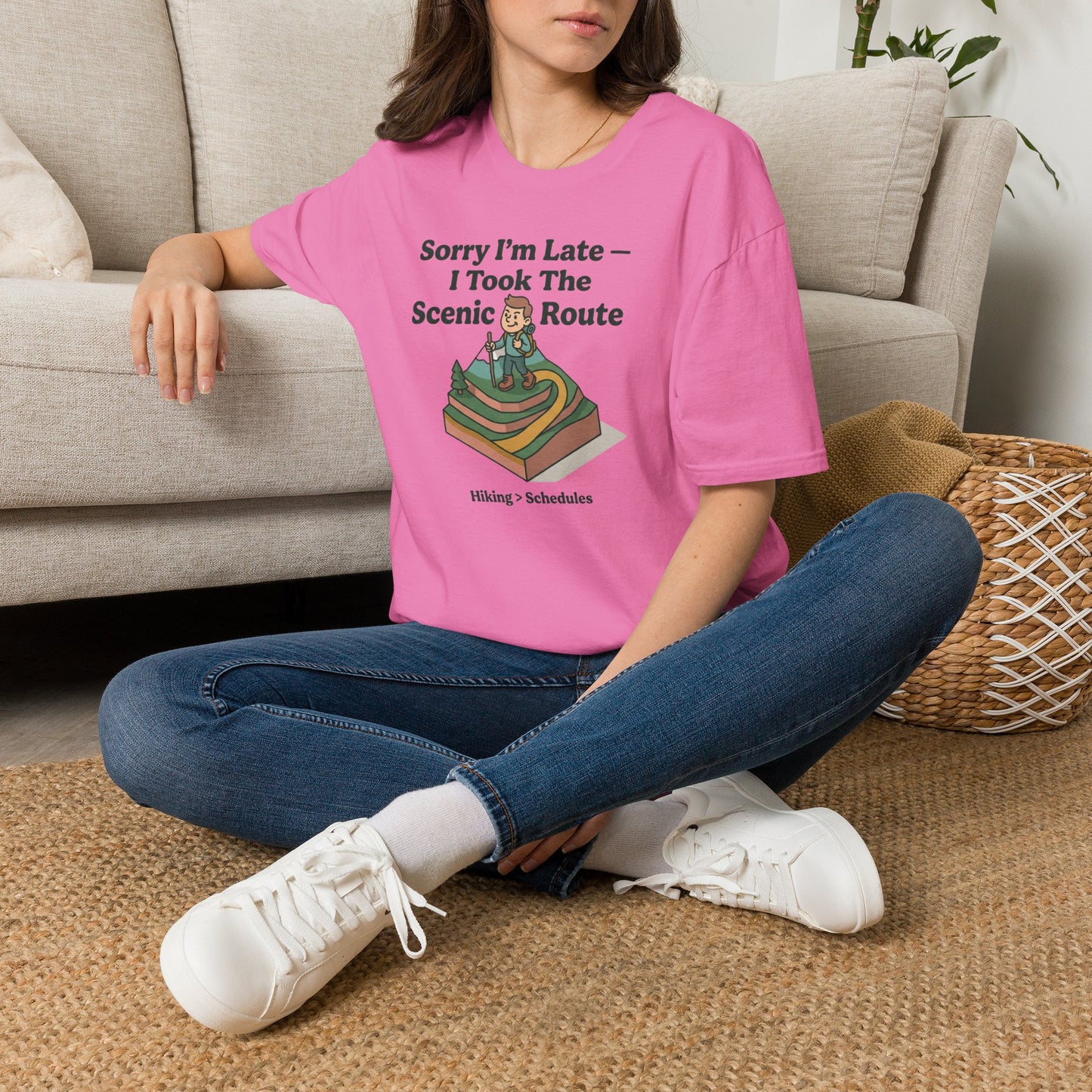 Scenic Route Hiking T-Shirt — "Sorry I'm Late — I Took The Scenic Route"