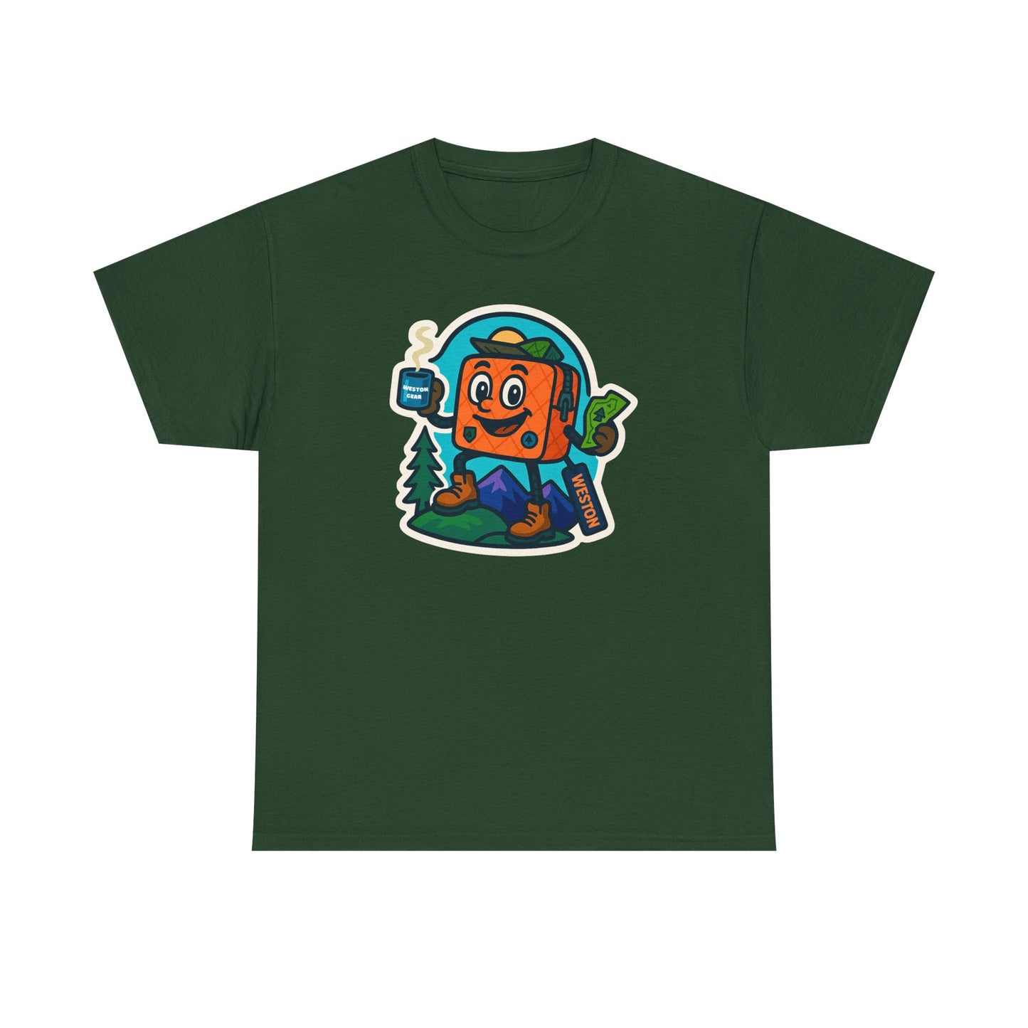 Weston Gear Tee Featuring Boxy and his Coffee, Outdoor Enthusiast Shirt, Hiking Apparel, Nature Lover Gift, Graphic Tee for Camping