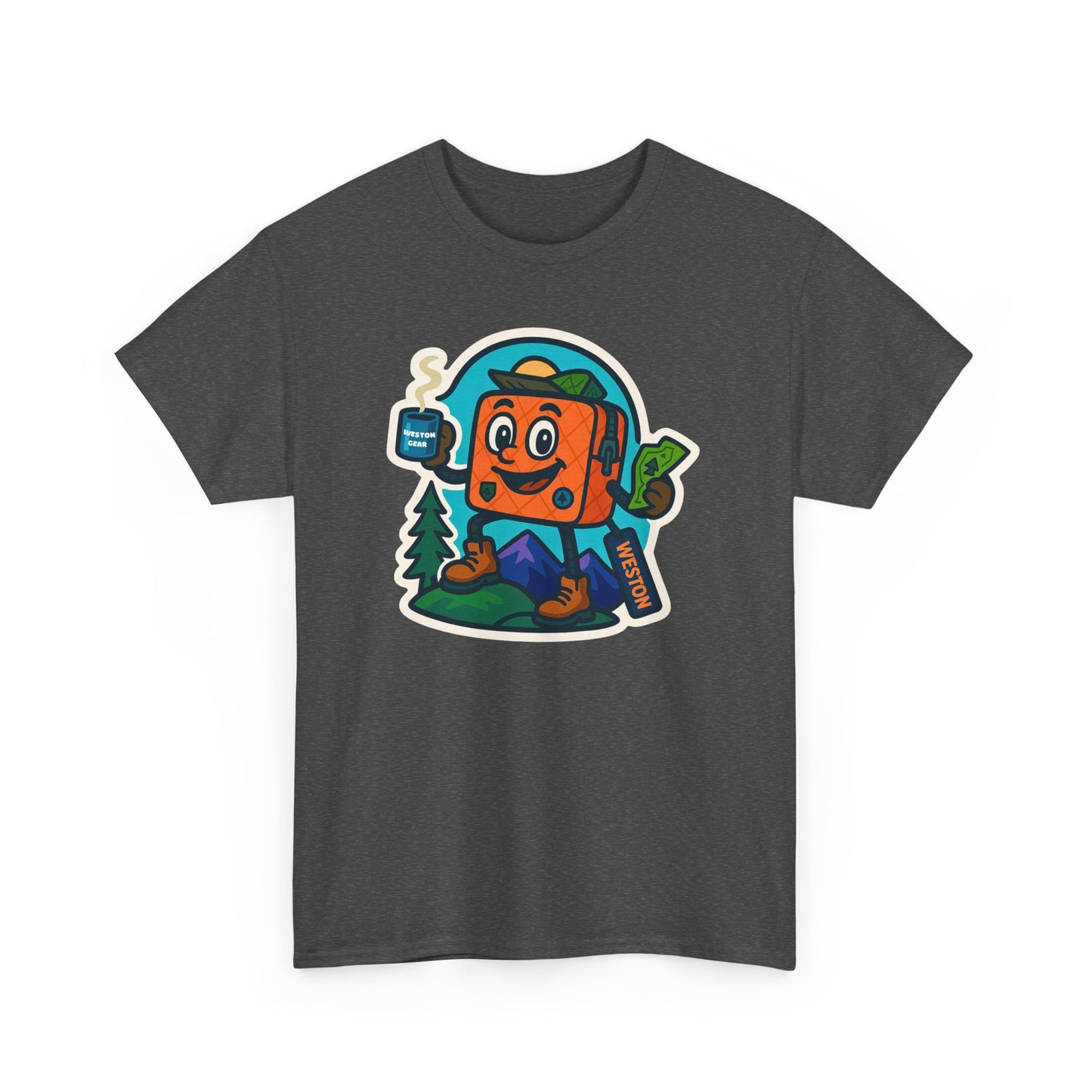 Weston Gear Tee Featuring Boxy and his Coffee, Outdoor Enthusiast Shirt, Hiking Apparel, Nature Lover Gift, Graphic Tee for Camping