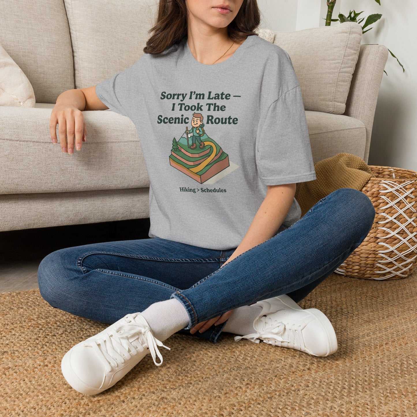 Scenic Route Hiking T-Shirt — "Sorry I'm Late — I Took The Scenic Route"