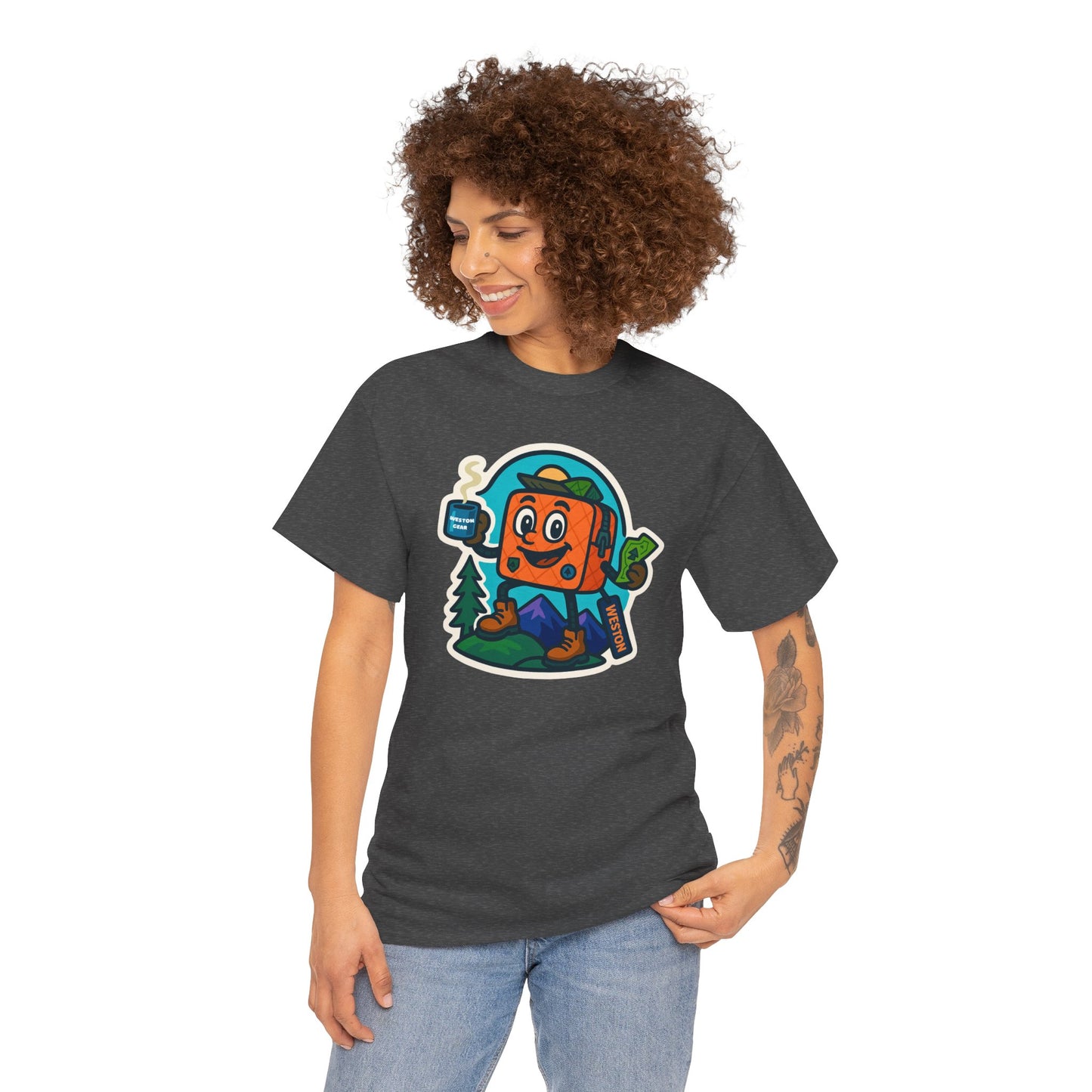 Weston Gear Tee Featuring Boxy and his Coffee, Outdoor Enthusiast Shirt, Hiking Apparel, Nature Lover Gift, Graphic Tee for Camping