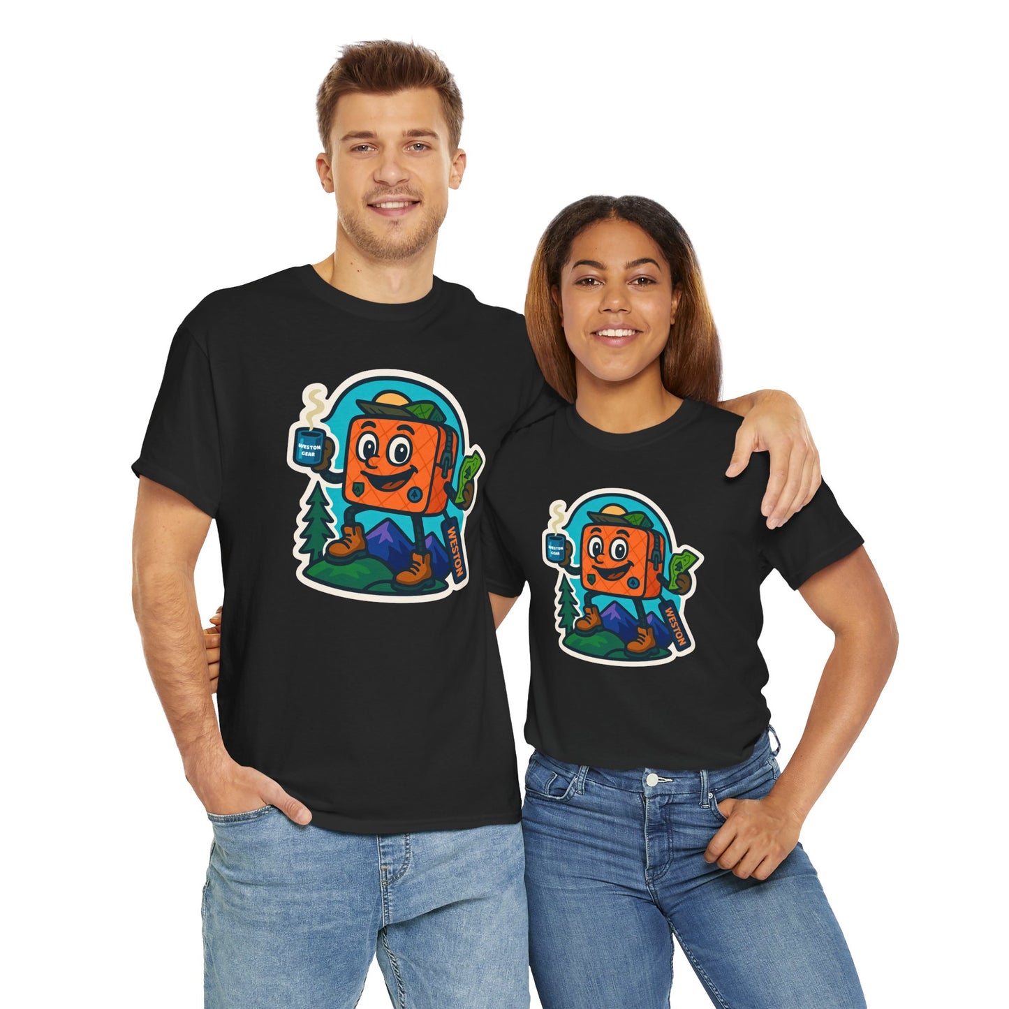 Weston Gear Tee Featuring Boxy and his Coffee, Outdoor Enthusiast Shirt, Hiking Apparel, Nature Lover Gift, Graphic Tee for Camping