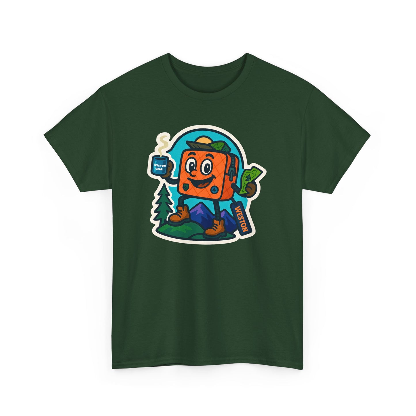 Weston Gear Tee Featuring Boxy and his Coffee, Outdoor Enthusiast Shirt, Hiking Apparel, Nature Lover Gift, Graphic Tee for Camping