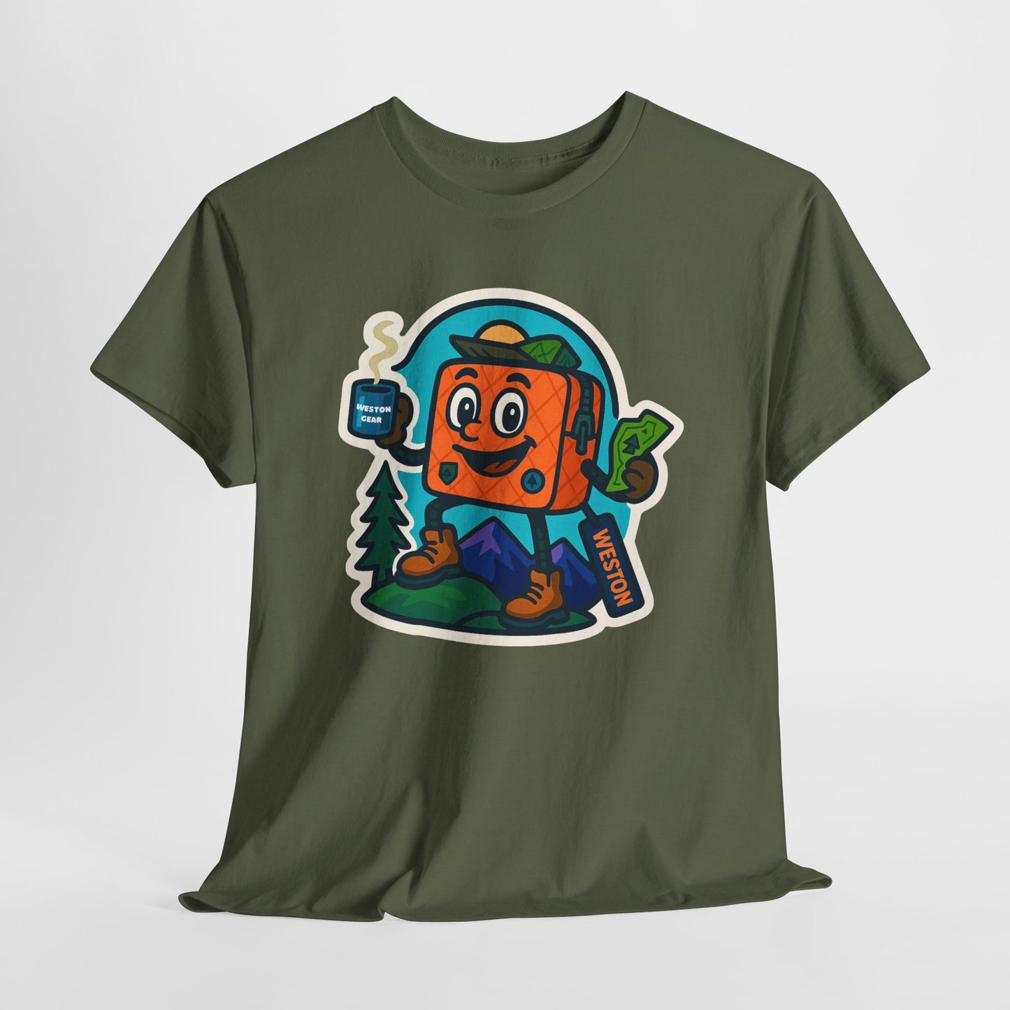 Weston Gear Tee Featuring Boxy and his Coffee, Outdoor Enthusiast Shirt, Hiking Apparel, Nature Lover Gift, Graphic Tee for Camping