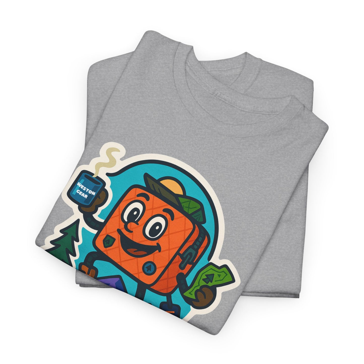 Weston Gear Tee Featuring Boxy and his Coffee, Outdoor Enthusiast Shirt, Hiking Apparel, Nature Lover Gift, Graphic Tee for Camping