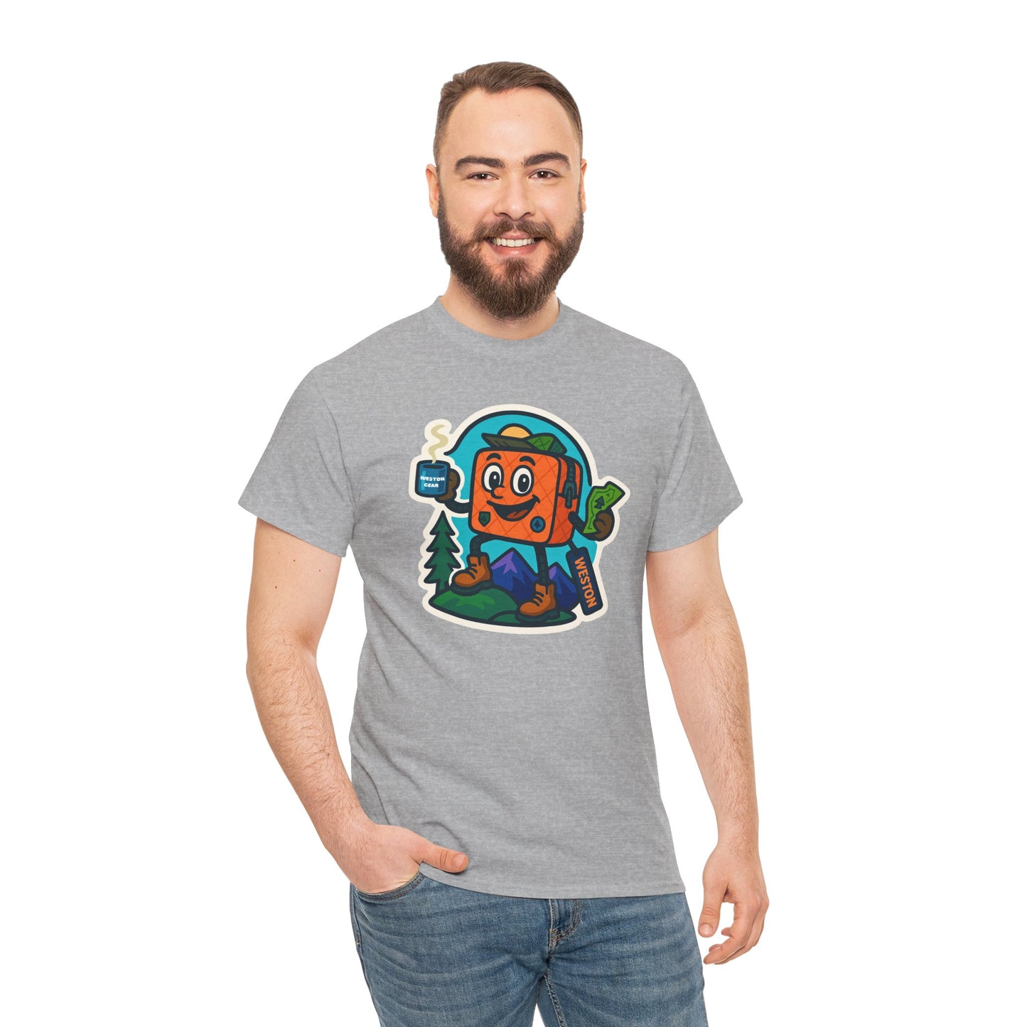 Weston Gear Tee Featuring Boxy and his Coffee, Outdoor Enthusiast Shirt, Hiking Apparel, Nature Lover Gift, Graphic Tee for Camping