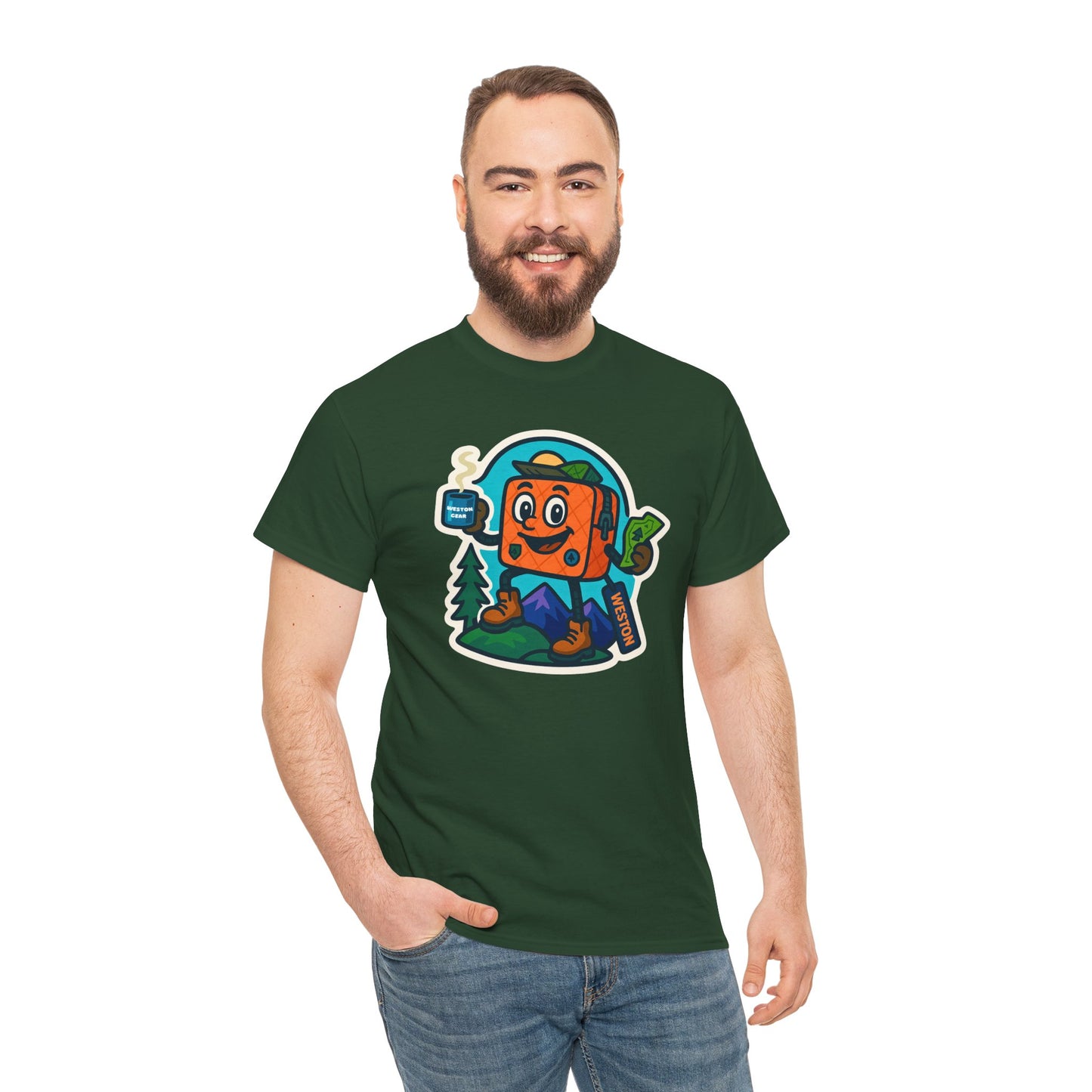 Weston Gear Tee Featuring Boxy and his Coffee, Outdoor Enthusiast Shirt, Hiking Apparel, Nature Lover Gift, Graphic Tee for Camping