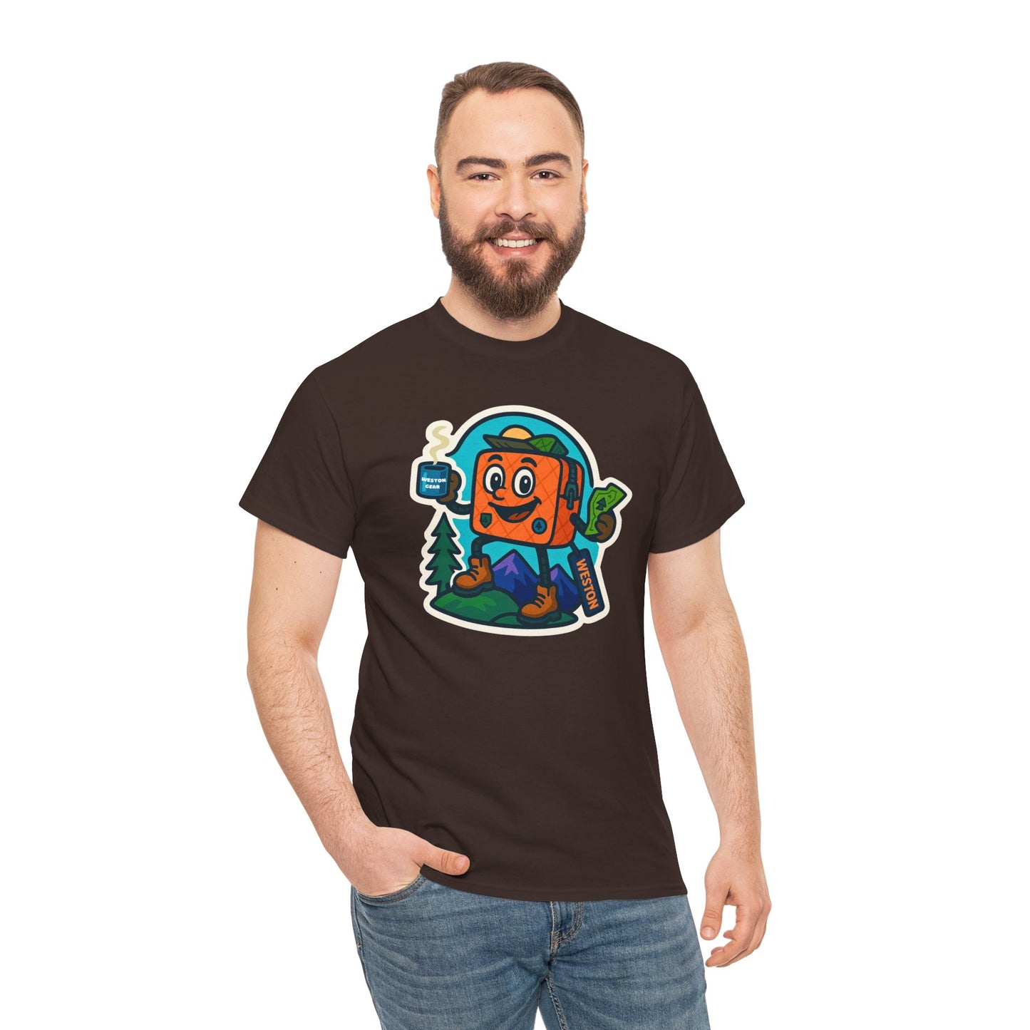 Weston Gear Tee Featuring Boxy and his Coffee, Outdoor Enthusiast Shirt, Hiking Apparel, Nature Lover Gift, Graphic Tee for Camping