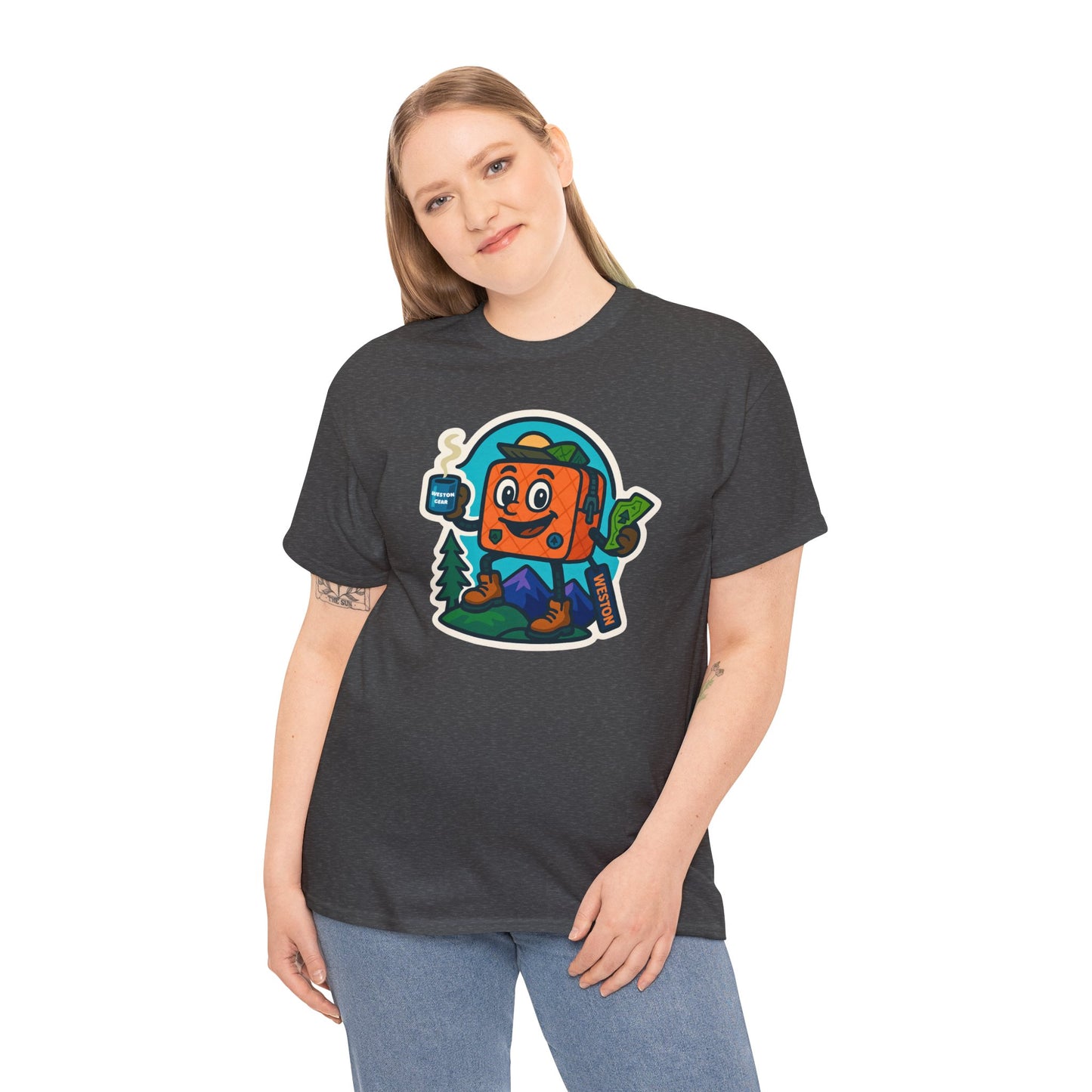 Weston Gear Tee Featuring Boxy and his Coffee, Outdoor Enthusiast Shirt, Hiking Apparel, Nature Lover Gift, Graphic Tee for Camping