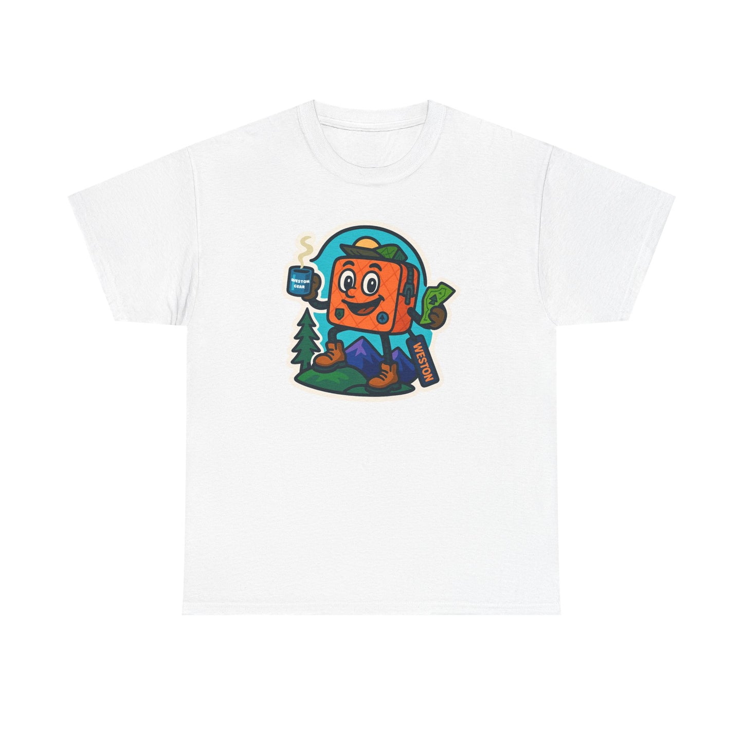 Weston Gear Tee Featuring Boxy and his Coffee, Outdoor Enthusiast Shirt, Hiking Apparel, Nature Lover Gift, Graphic Tee for Camping