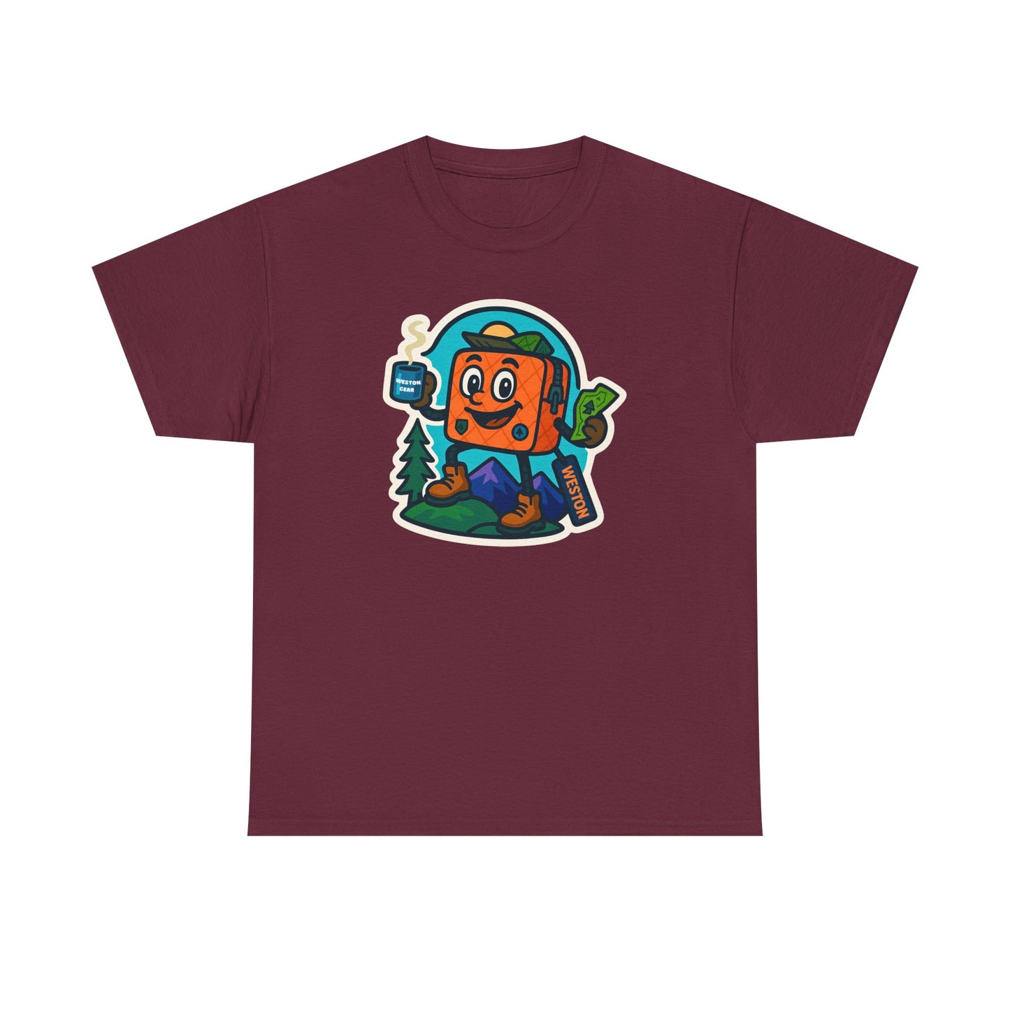 Weston Gear Tee Featuring Boxy and his Coffee, Outdoor Enthusiast Shirt, Hiking Apparel, Nature Lover Gift, Graphic Tee for Camping