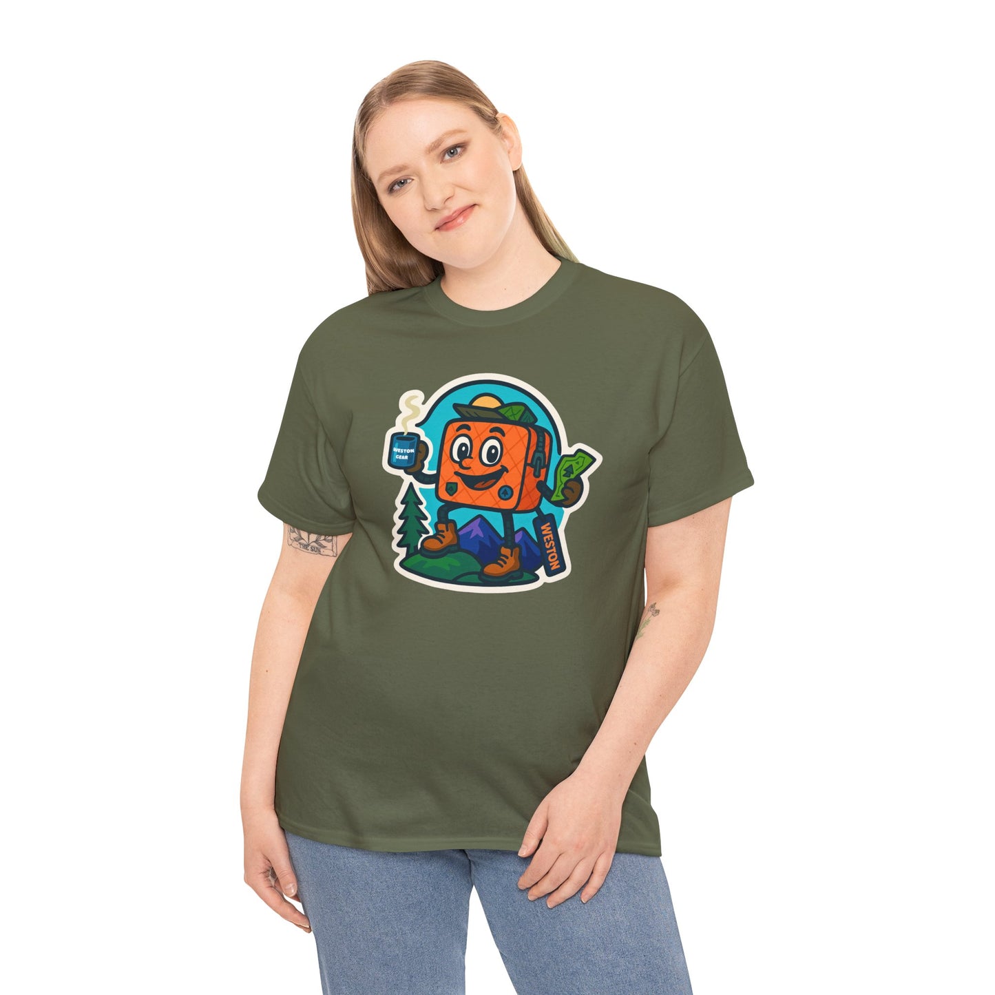 Weston Gear Tee Featuring Boxy and his Coffee, Outdoor Enthusiast Shirt, Hiking Apparel, Nature Lover Gift, Graphic Tee for Camping