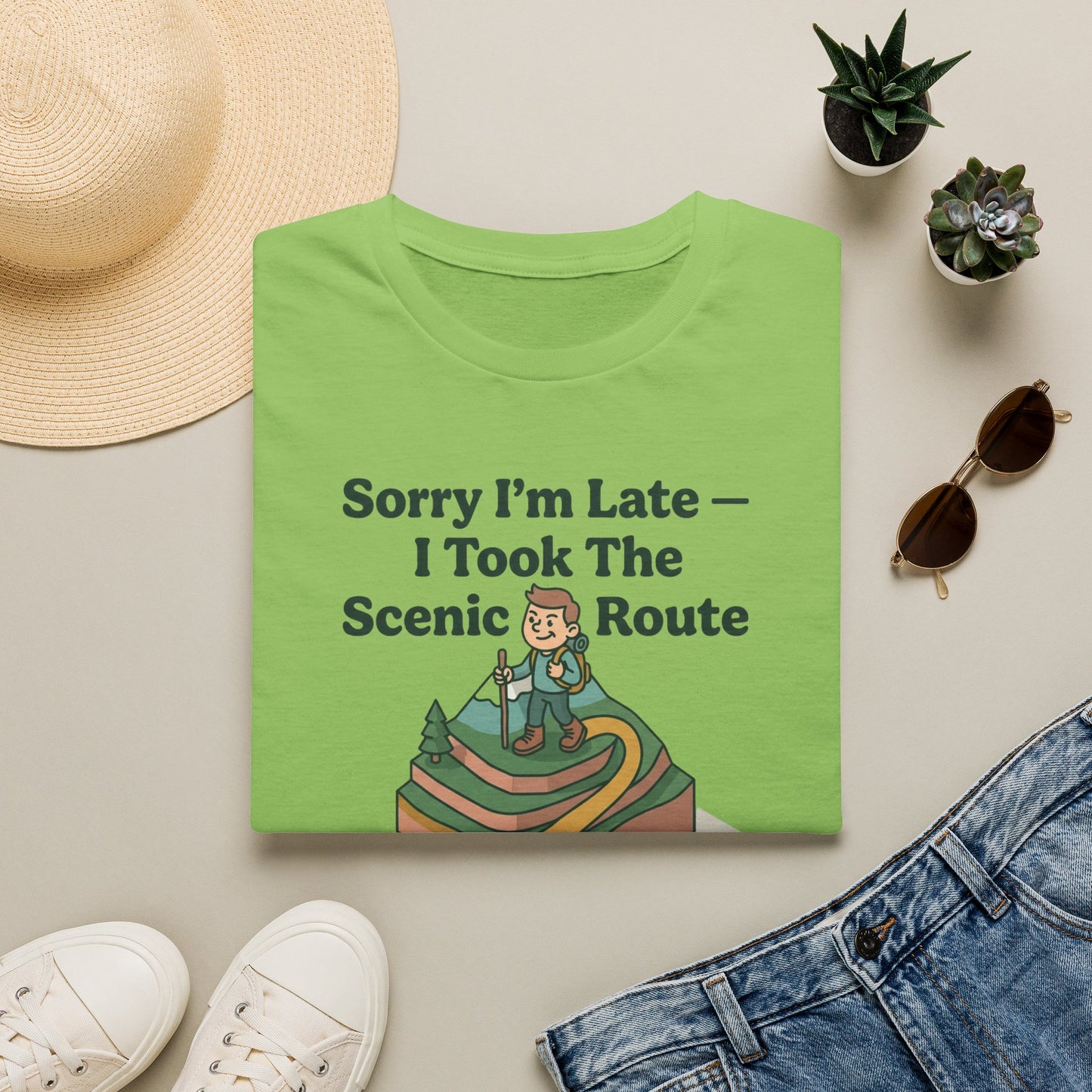 Scenic Route Hiking T-Shirt — "Sorry I'm Late — I Took The Scenic Route"