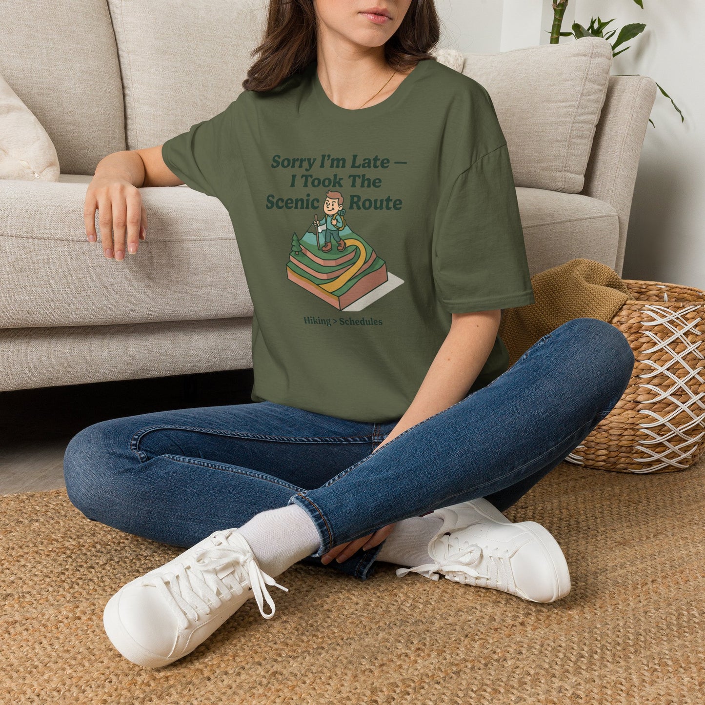 Scenic Route Hiking T-Shirt — "Sorry I'm Late — I Took The Scenic Route"