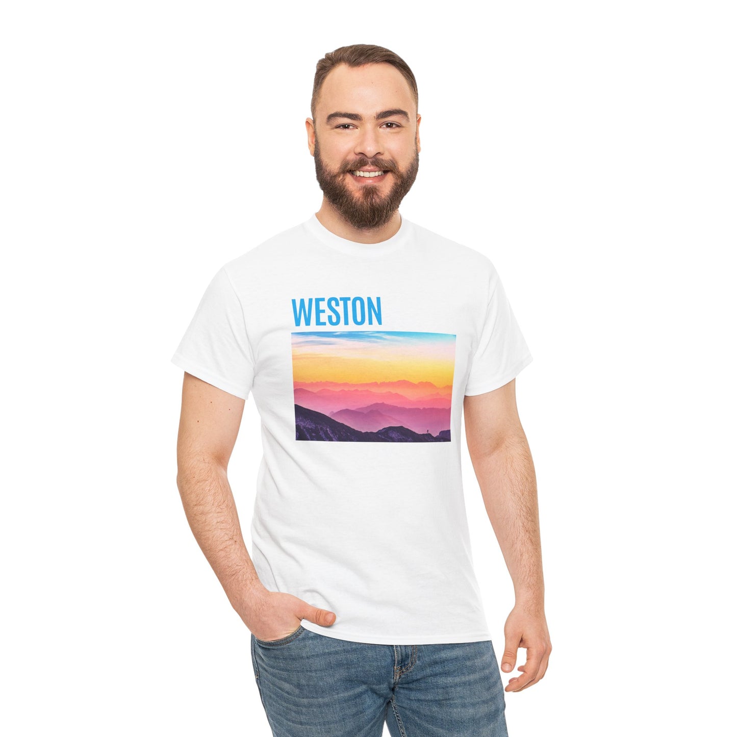 Weston Sunset Unisex Heavy Cotton Tee | Casual Wear, Graphic T-Shirt, Gift for Nature Lovers, Summer Vibes, Outdoor Adventure