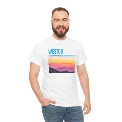 Weston Sunset Unisex Heavy Cotton Tee | Casual Wear, Graphic T-Shirt, Gift for Nature Lovers, Summer Vibes, Outdoor Adventure