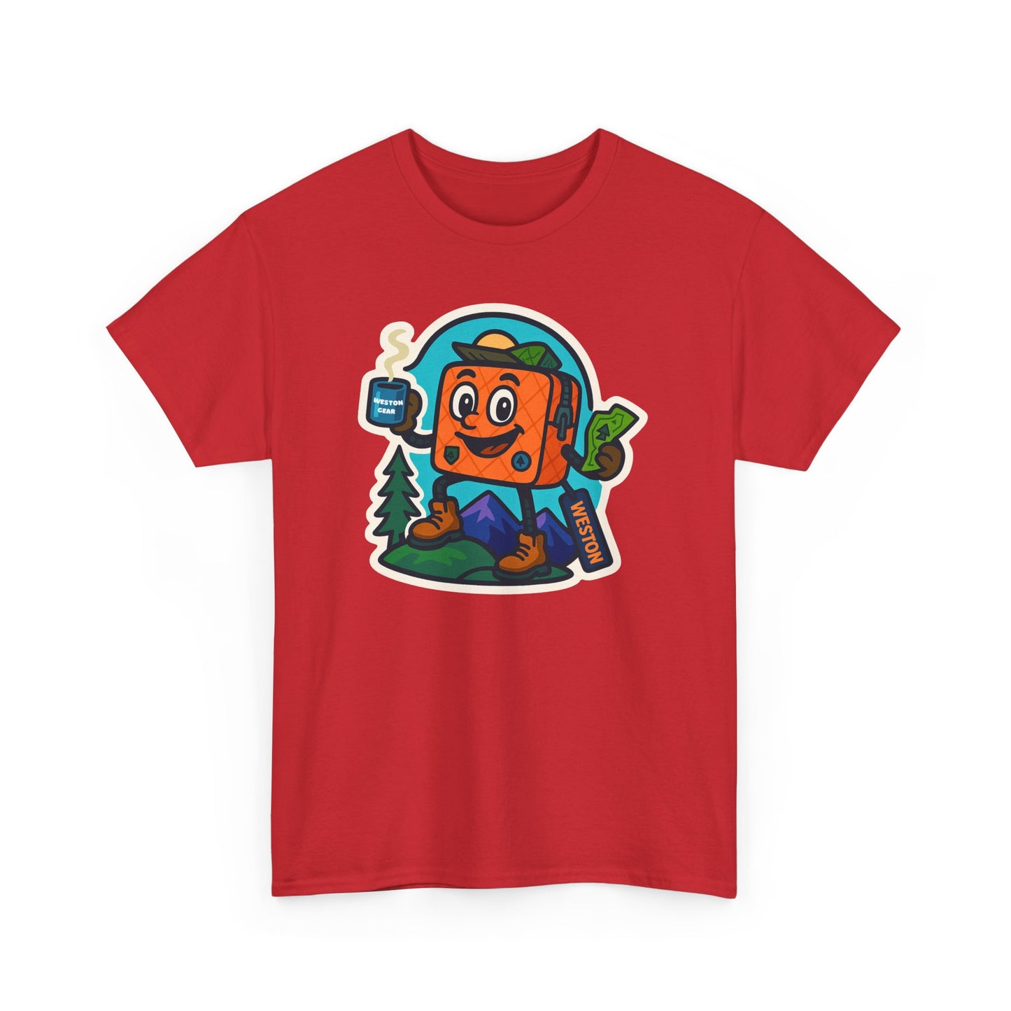 Weston Gear Tee Featuring Boxy and his Coffee, Outdoor Enthusiast Shirt, Hiking Apparel, Nature Lover Gift, Graphic Tee for Camping