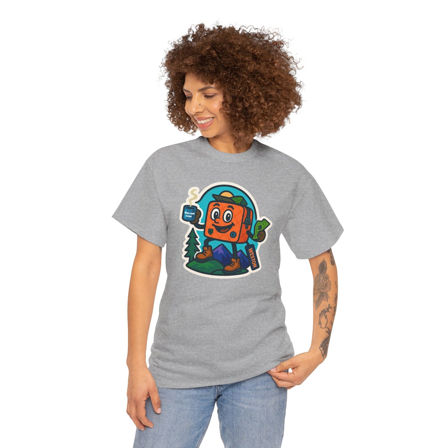 Weston Gear Tee Featuring Boxy and his Coffee, Outdoor Enthusiast Shirt, Hiking Apparel, Nature Lover Gift, Graphic Tee for Camping