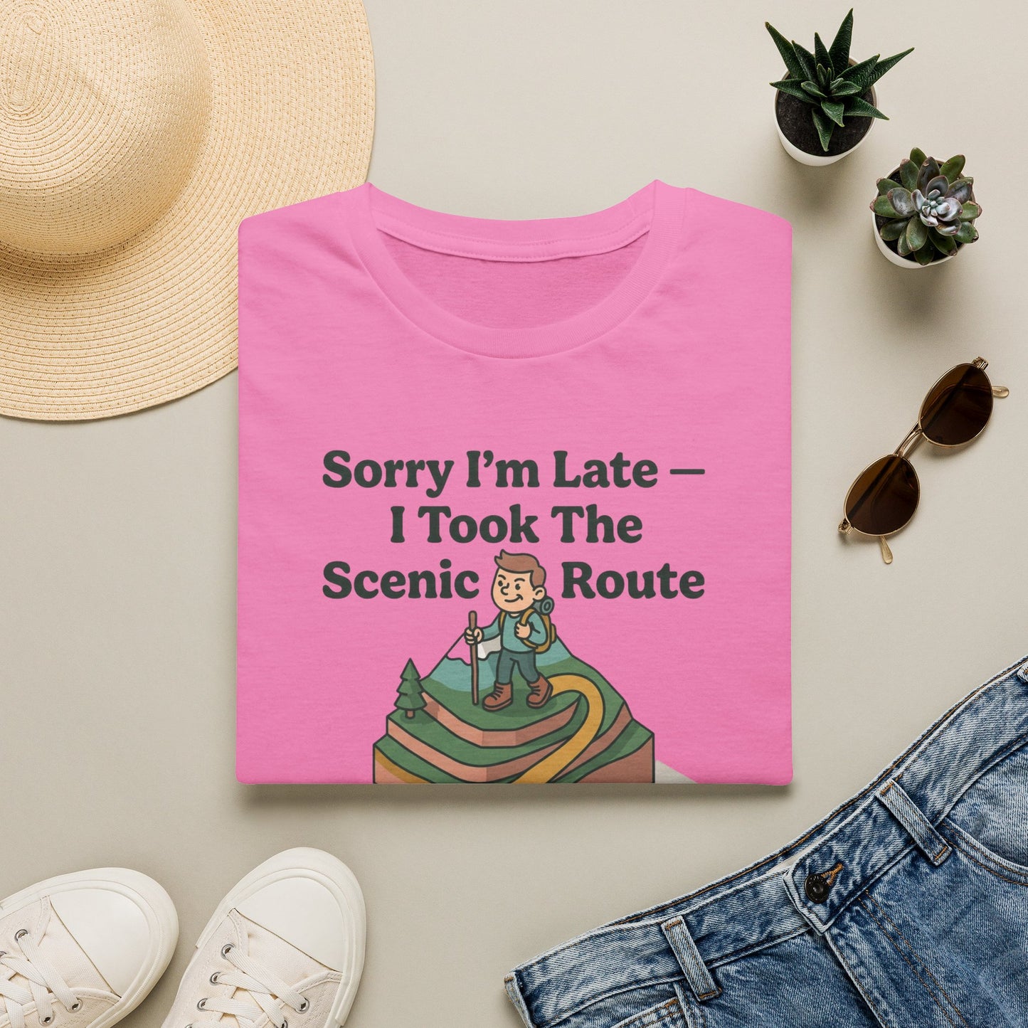 Scenic Route Hiking T-Shirt — "Sorry I'm Late — I Took The Scenic Route"