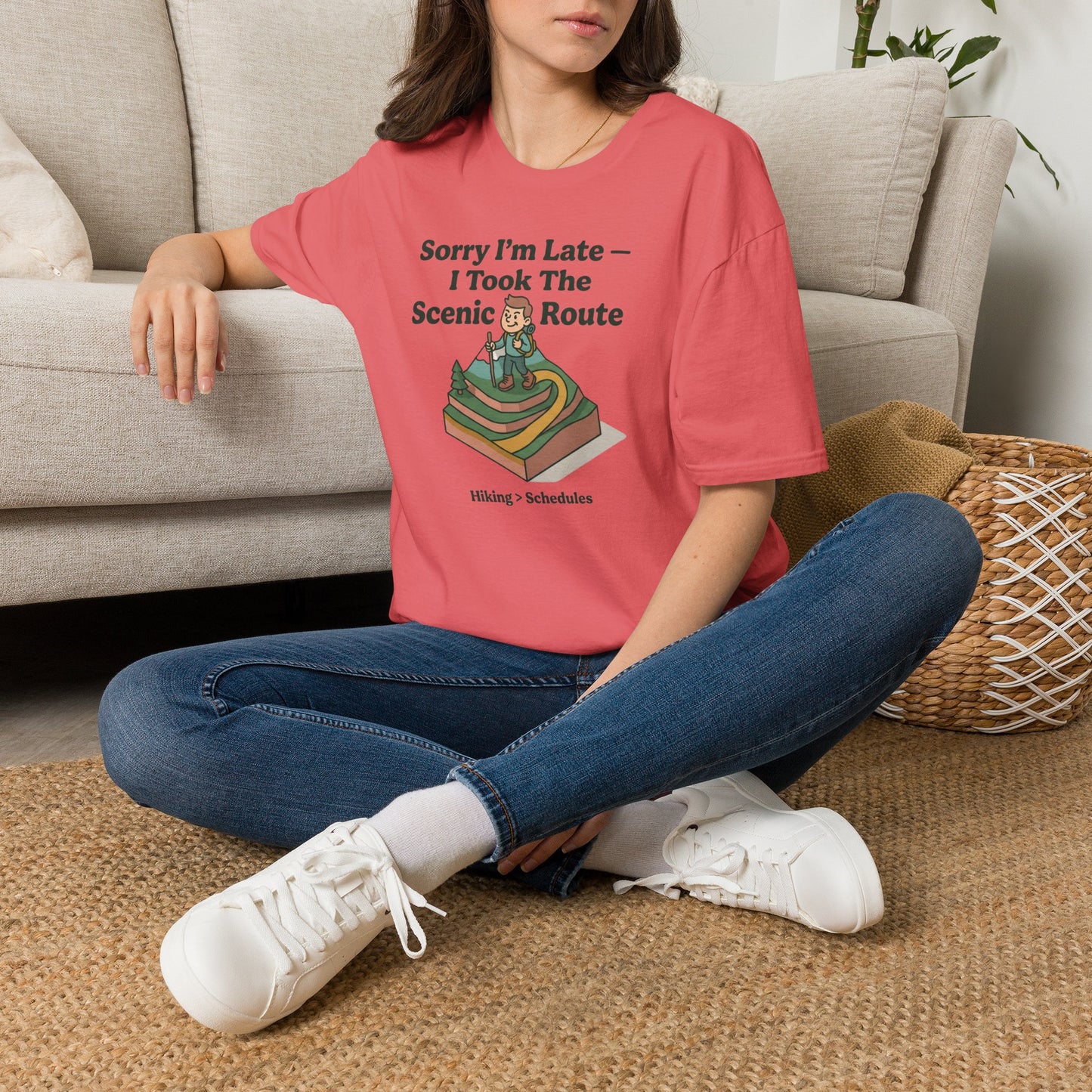 Scenic Route Hiking T-Shirt — "Sorry I'm Late — I Took The Scenic Route"