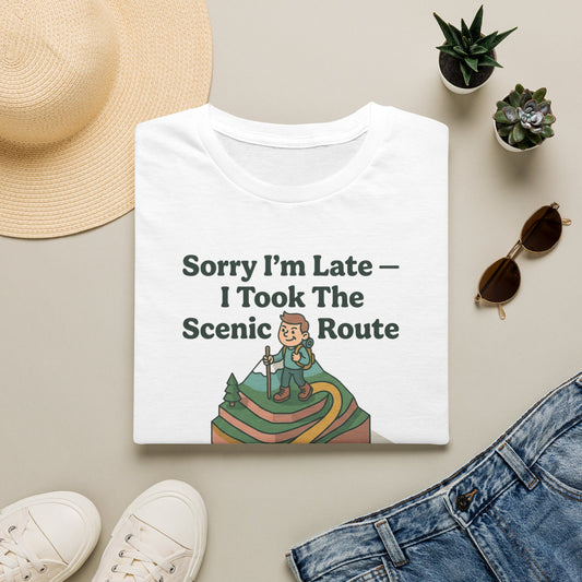 Scenic Route Hiking T-Shirt — "Sorry I'm Late — I Took The Scenic Route"