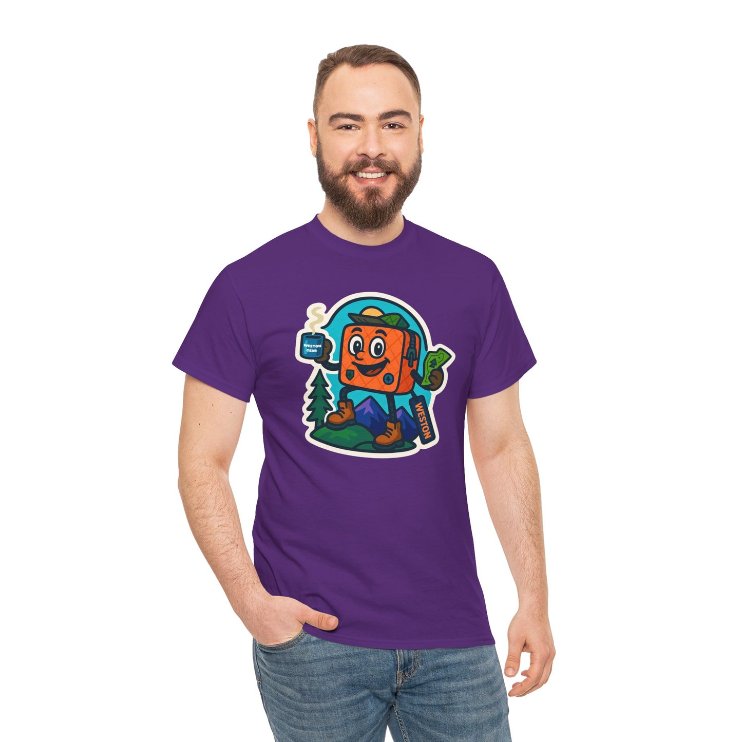 Weston Gear Tee Featuring Boxy and his Coffee, Outdoor Enthusiast Shirt, Hiking Apparel, Nature Lover Gift, Graphic Tee for Camping