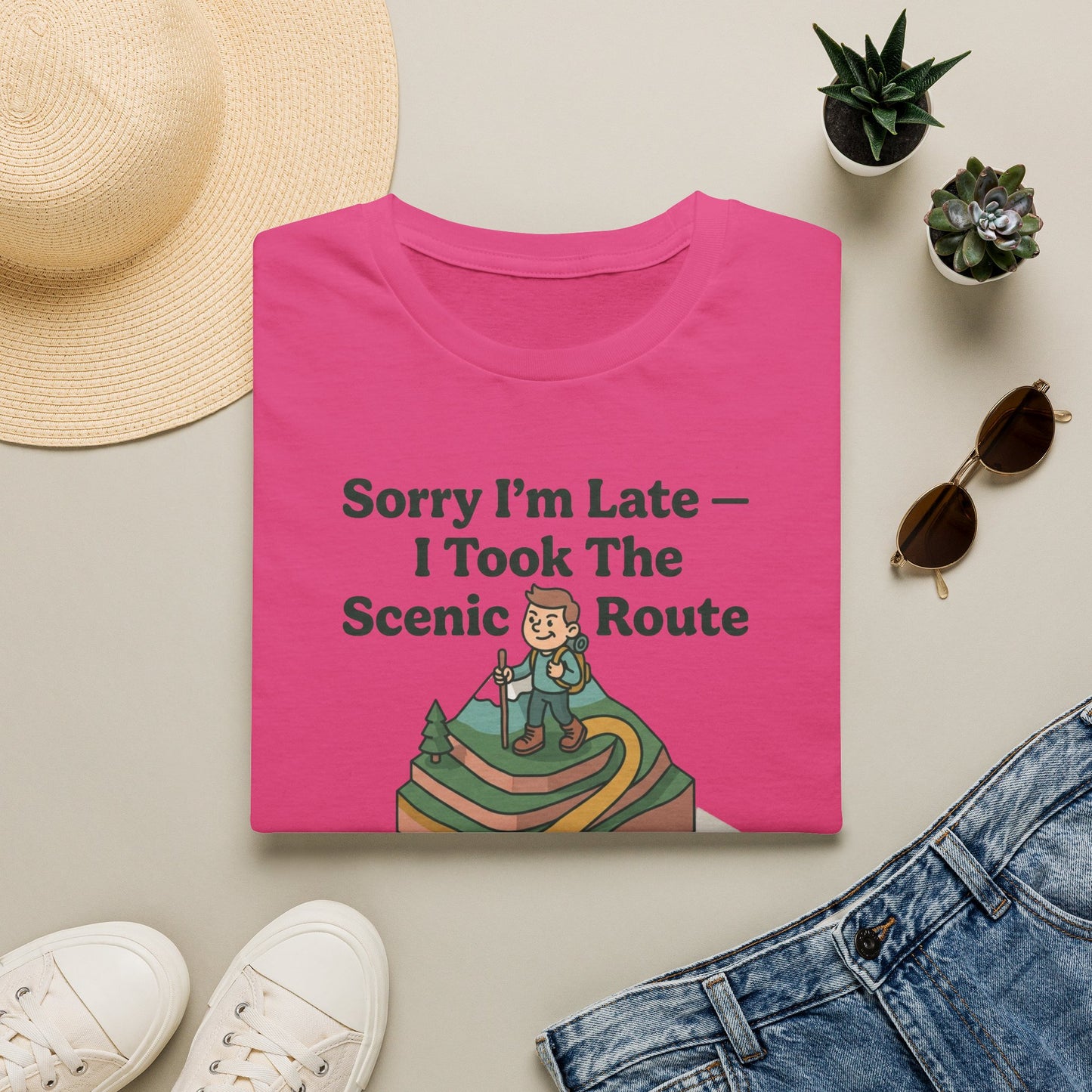 Scenic Route Hiking T-Shirt — "Sorry I'm Late — I Took The Scenic Route"