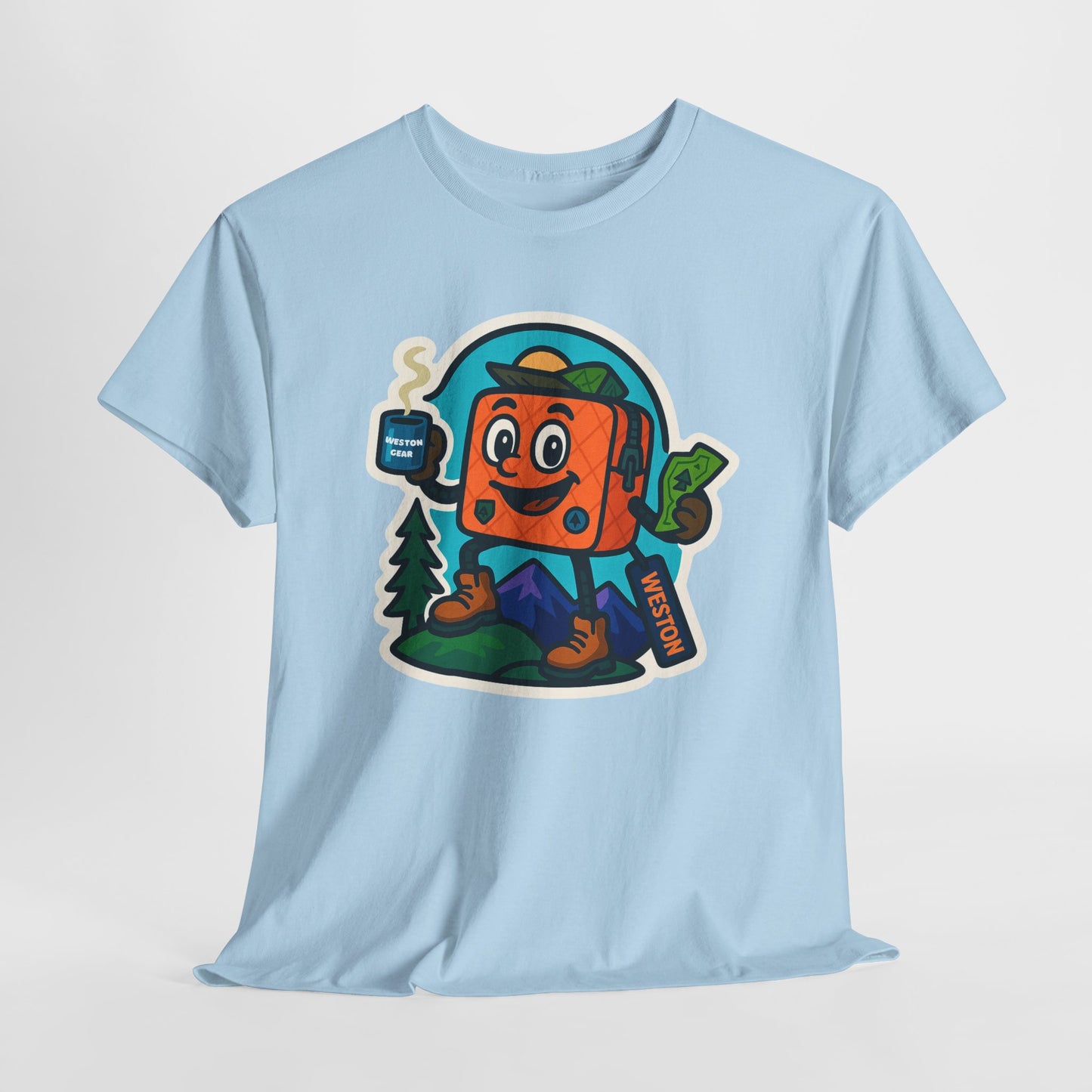 Weston Gear Tee Featuring Boxy and his Coffee, Outdoor Enthusiast Shirt, Hiking Apparel, Nature Lover Gift, Graphic Tee for Camping