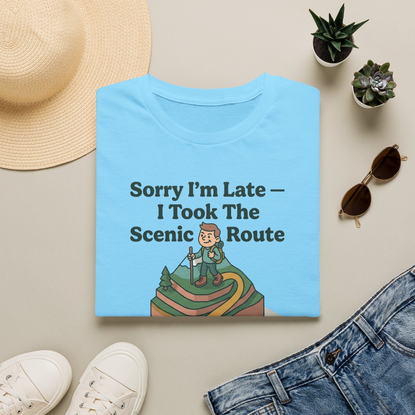 Scenic Route Hiking T-Shirt — "Sorry I'm Late — I Took The Scenic Route"
