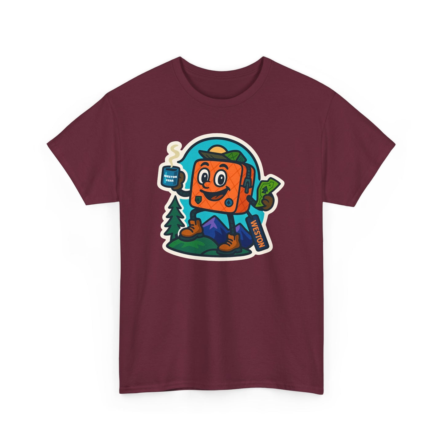 Weston Gear Tee Featuring Boxy and his Coffee, Outdoor Enthusiast Shirt, Hiking Apparel, Nature Lover Gift, Graphic Tee for Camping